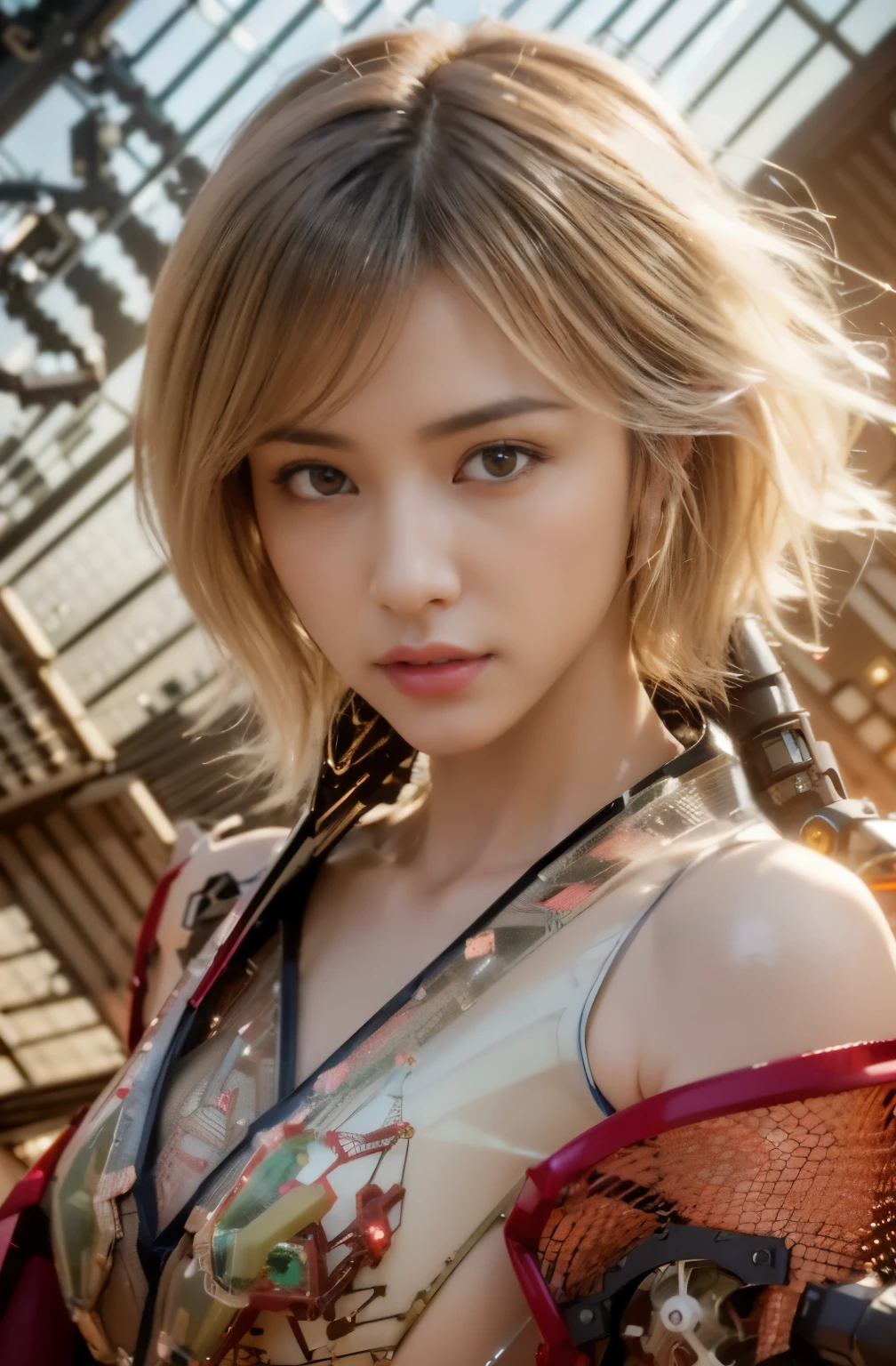 RAW quality, One girl, 14 years, Textured skin, Rear View, Rear view, Super detailed, Advanced Details, high quality, 最high quality, High resolution, 1080p, hard disk, beautiful,(Gundam),beautiful cyborg woman,largely,((Wearing Futuristic Transparent Reinforced Plastic Mechanical Parts。:1.4)), Bust top covered with transparent mechanism, Mechanically protected front crotch, Largely exposed bare skin, largely naked, Perfect proportions, Giant tit, (He carries a lot of weapons on his back.:1.4), (hero pose), full body shot, (Short-cut straight hair that looks beautiful in blue and white:1.4), collapsed building background, A city engulfed in flames, (The blue LED on the bust top glows strongly:1.4), Biologically correct,