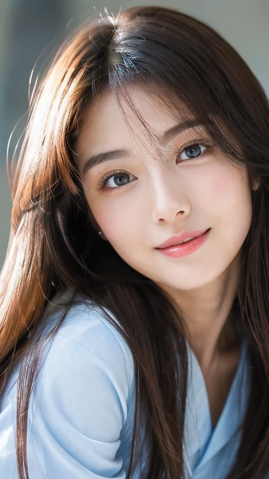 (((32k,high details,high detail、masterpiece,attention to detail,alone))),Raw photo & realistic atmosphere,beautiful dark blue eyes,detailed mouth,glossy lips,thin eyebrows,fine eyes、Soft white skin that shines in every detail、Her deep black eyes are very beautiful,lip details、very beautiful face,very well-shaped face、lifelike face,shining beautiful lips,beautiful eyebrows,infinite reality, Realistic young gravure idol,she'she'she'she'she'she'very cute woman , young gravure idol, young gravure idol, Very beautiful and cute 22 years old beautiful girl,incredibly beautiful and classy,22 years old beautiful girl,natural soft light,(shiny hair,,Beautiful and kind eyes:1.5),gentle smile,well-shaped chest,medium long hair,tie hair,beautiful posture,no makeup,think ahead,
