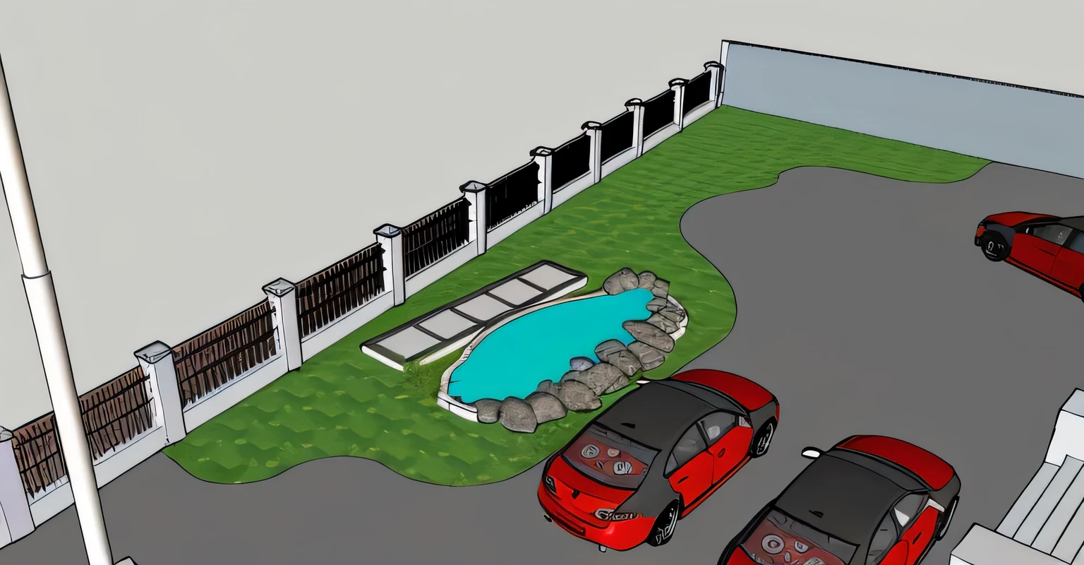 there are two cars parked in a parking lot next to a pool, 3d rendering, 3 d rendering, isometric view!!!!, isometric perspective view, with 3d render, with 3 d render, isometric 3d render, isometric view from behind, 3d design, 3 d design, 3d rendered, 3 d rendered, isometric view