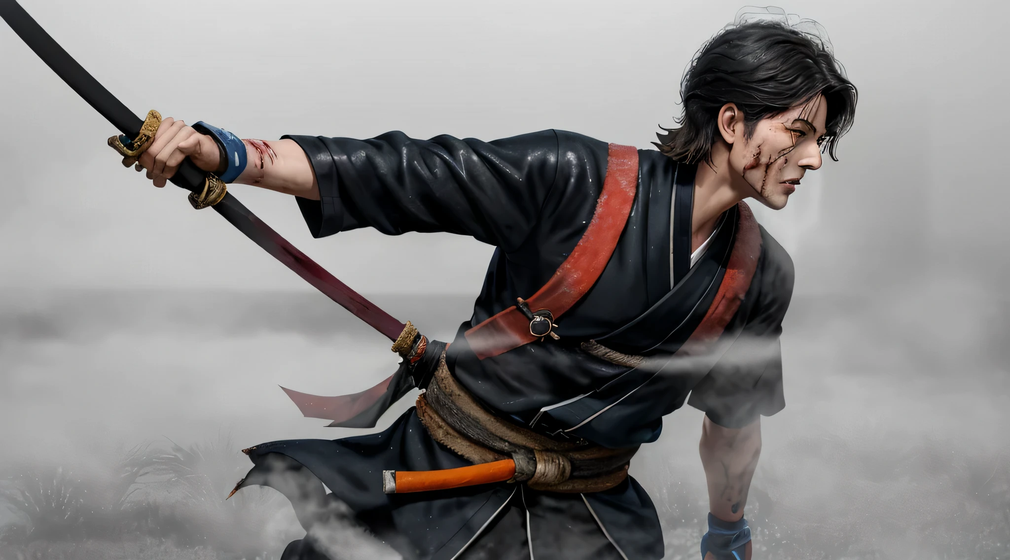 I want an ultra-realistic photo of Haomaru from the video game Samurai Shodown in a scenario with heavy nighttime fog and strong shadows, with the character executing a sword strike in the air