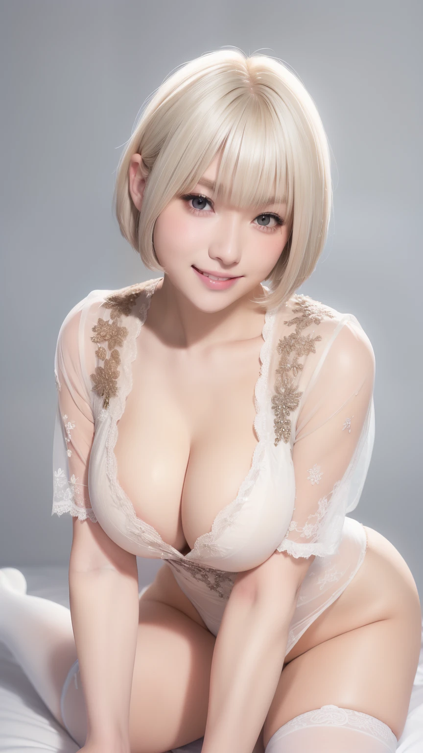 ((big breasts:1.2))、((Upper body shot))、Close-up shot of face、Great light、Beautiful lighting、((Platinum Blonde Hair:1.2))、((short hair:1.4))、((Straight hair))、Blunt bangs、Detailed embroidery、cat suit、Gorgeous Accessories、Knee-high socks、Fair skin、smile、Cute Smile