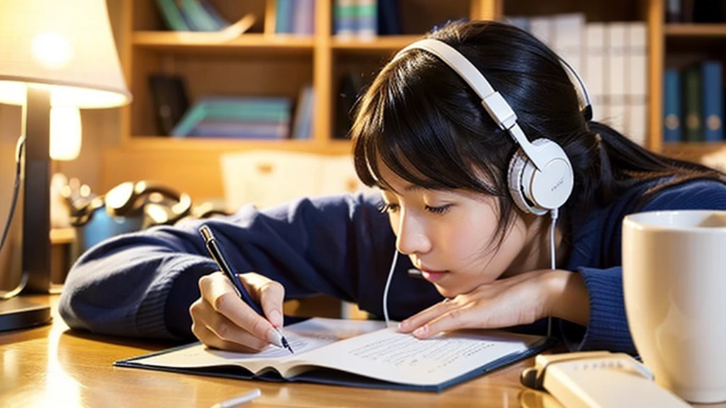 Girl drawing a dog and listening to music 