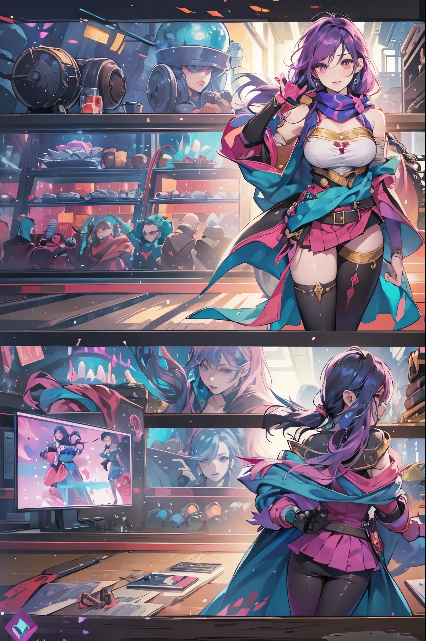 league of legend female character, hyper league of legend art style, void magic student, ((underboobs, cloak, mini skirt, badge, hand glove, belt, armlet, scarf)), ((colorful twintails, colorful pupil, stripe make up, perfect body shape)), (evil aura, vine effect), (masterpieces, fantasy world, hyper resolution, cinematic lighting, ultra sharp), library background, colorful, bare shoulder, pink lips, close up