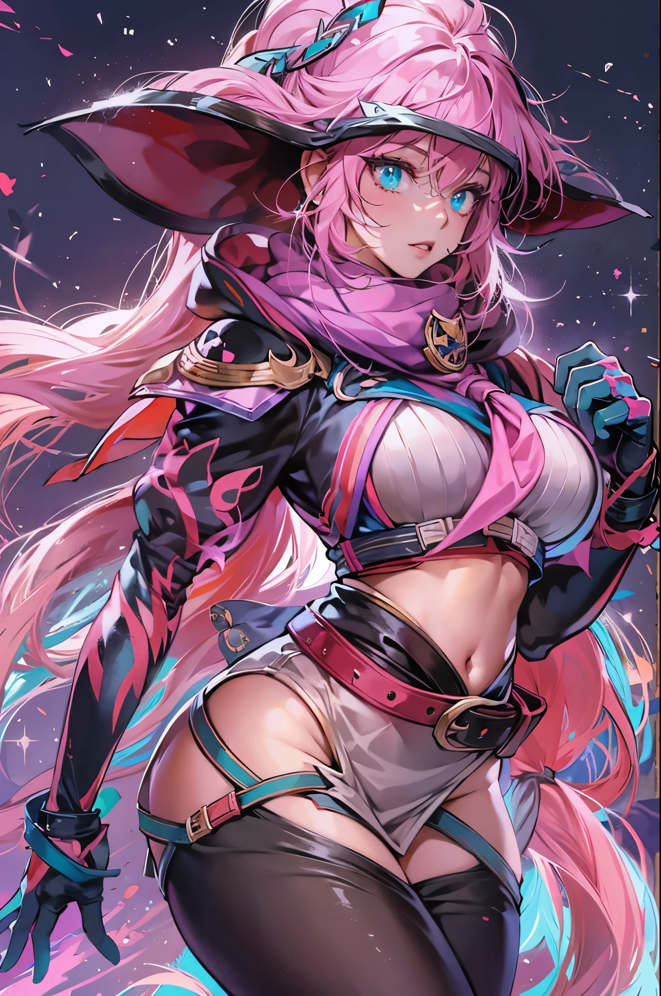 league of legend female character, hyper league of legend art style, void magic student, ((underboobs, cloak, mini skirt, badge, hand glove, belt, armlet, scarf)), ((colorful twintails, colorful pupil, stripe make up, perfect body shape)), (evil aura, vine effect), (masterpieces, fantasy world, hyper resolution, cinematic lighting, ultra sharp), library background, colorful, bare shoulder, pink lips, close up
