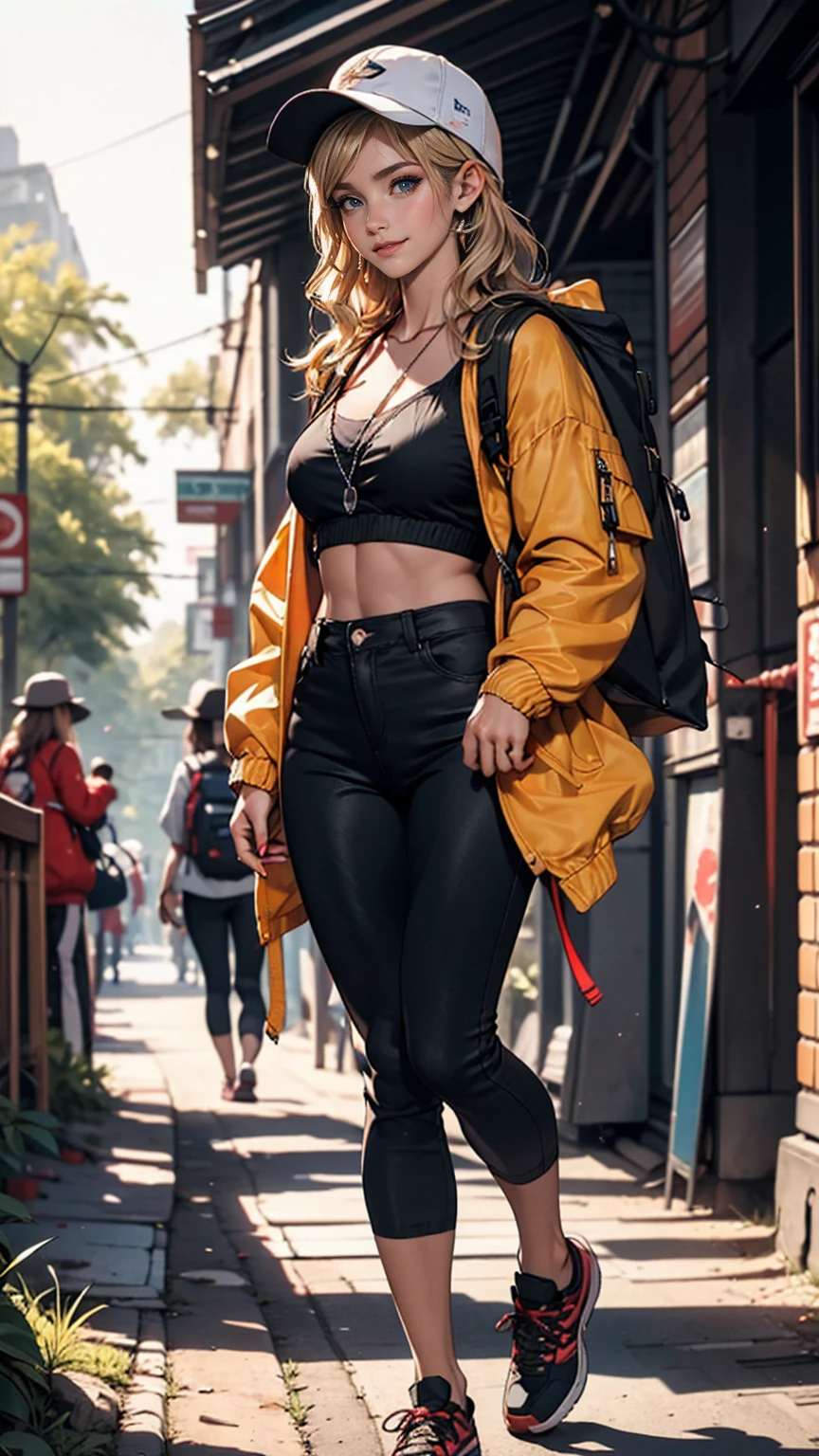 ((最high quality, 8K, masterpiece: 1.3, Ultra HD, high quality, 最high quality, High resolution, realism)) 、25-year-old Caucasian female、Platinum Blonde、blue eyes、Semi-long hair、Hair becomes wavy、smile、Slender but well-proportioned, slim and muscular body、I want my head to stay off screen、Wearing red nail polish、I have a peticure、halter neck((halter neck))Wear tops、chest emphasis、Wear low-rise black leggings、wear walking shoes、Backpack((Backpack))be burdened with、Walk along a dirt hiking trail with views of distant ridges、Wrap a towel around your neck、windbreaker((windbreaker))wear、((windbreakerの))raise one&#39;s collar、smile、Boonie Hat((boonie hat))Suffer