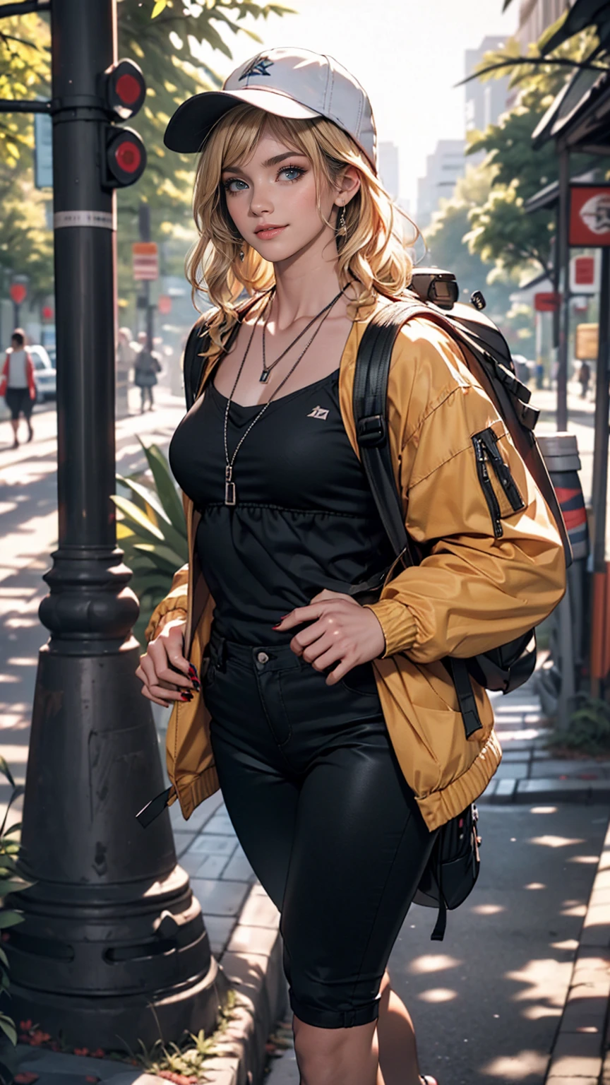 ((最high quality, 8K, masterpiece: 1.3, Ultra HD, high quality, 最high quality, High resolution, realism)) 、25-year-old Caucasian female、Platinum Blonde、blue eyes、Semi-long hair、Hair becomes wavy、smile、Slender but well-proportioned, slim and muscular body、I want my head to stay off screen、Wearing red nail polish、I have a peticure、halter neck((halter neck))Wear tops、chest emphasis、Wear low-rise black leggings、wear walking shoes、Backpack((Backpack))be burdened with、Walk along a dirt hiking trail with views of distant ridges、Wrap a towel around your neck、windbreaker((windbreaker))wear、((windbreakerの))raise one's collar、smile、Boonie Hat((boonie hat))Suffer