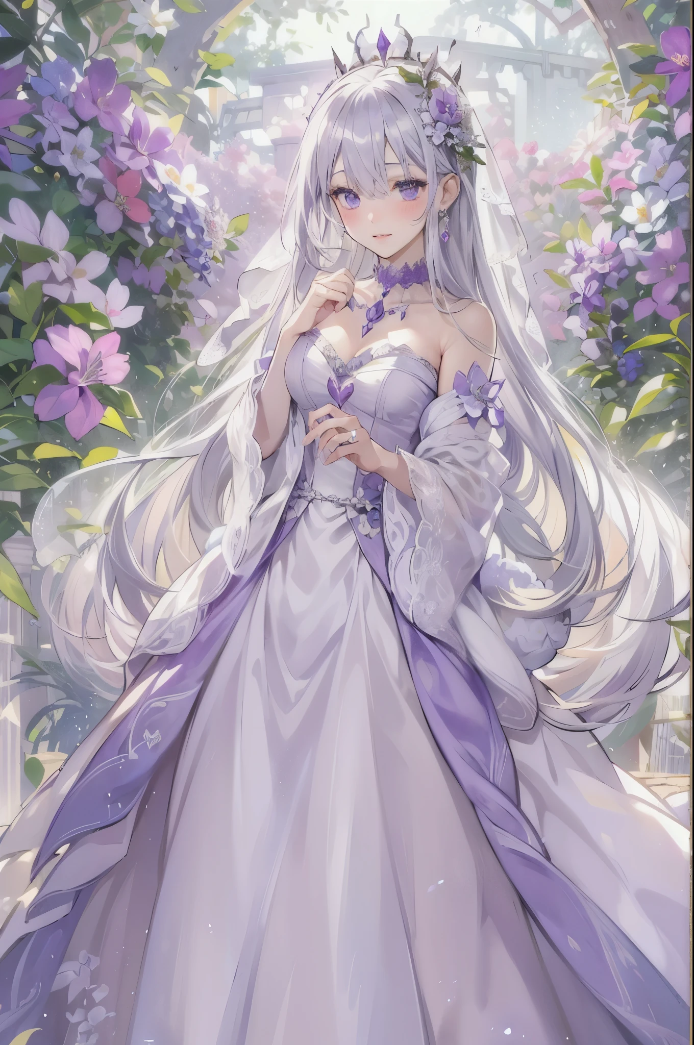 Emilia princess from Re:Zero kara Hajimeru Isekai Seikatsu, half elf, ((gorgeous white and purple elegant silk wedding dress, holding a bunch of clematis, silk accesory, veil, silver necklace, diamond ring, flower earring, belt, collar, silver crown, silk long sleeves)), grace hair style, garden background, ((perfect body shape, medium breast, empress and forzen aura, flower and feather flying effect, clean detailed skin, silver and light purple pupil, blush)), best quality anime 16k wallpaper quality, extreme eye and body detail, spiral energetic girl, spirit around, high resolution , masterpieces, ultra lighting,
