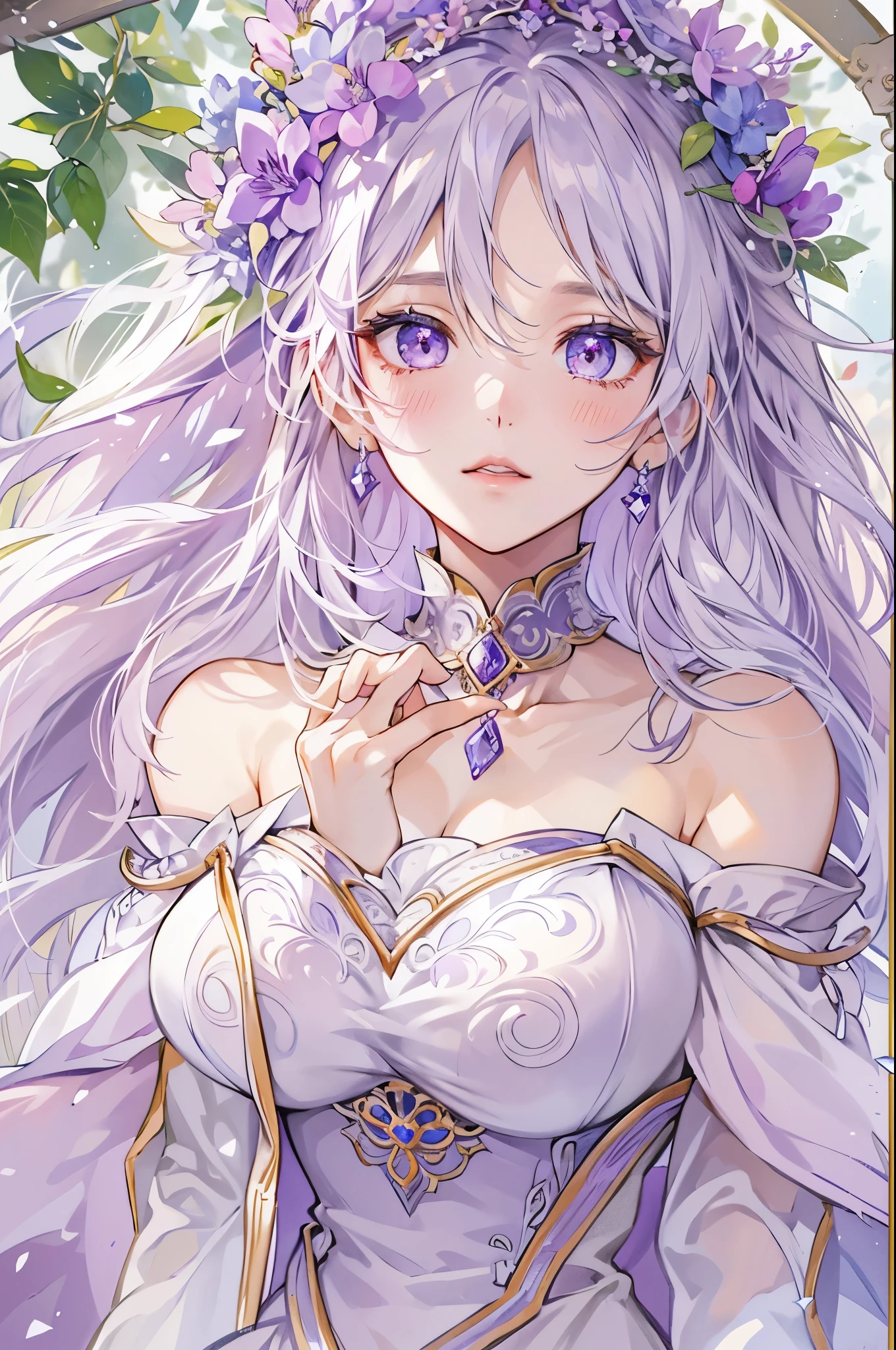 Emilia princess from Re:Zero kara Hajimeru Isekai Seikatsu, half elf, ((gorgeous white and purple elegant silk wedding dress, holding a bunch of clematis, silk accesory, veil, silver necklace, diamond ring, flower earring, belt, collar, silver crown, silk long sleeves)), grace hair style, garden background, ((perfect body shape, medium breast, empress and forzen aura, flower and feather flying effect, clean detailed skin, silver and light purple pupil, blush)), best quality anime 16k wallpaper quality, extreme eye and body detail, spiral energetic girl, spirit around, high resolution , masterpieces, ultra lighting,