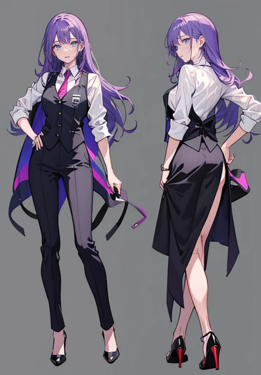 ((Perfect Face)),Purple Hair,voluminous long hair,Adult female,bartender,suit,Black vest,Shirt with rolled up sleeves,tie,slit,High heels,,((Simple Background)),smile,((whole body)),((whole body)),Portraiture,virtual,upright,,both arms are down,Standing upright with face and body facing forward,