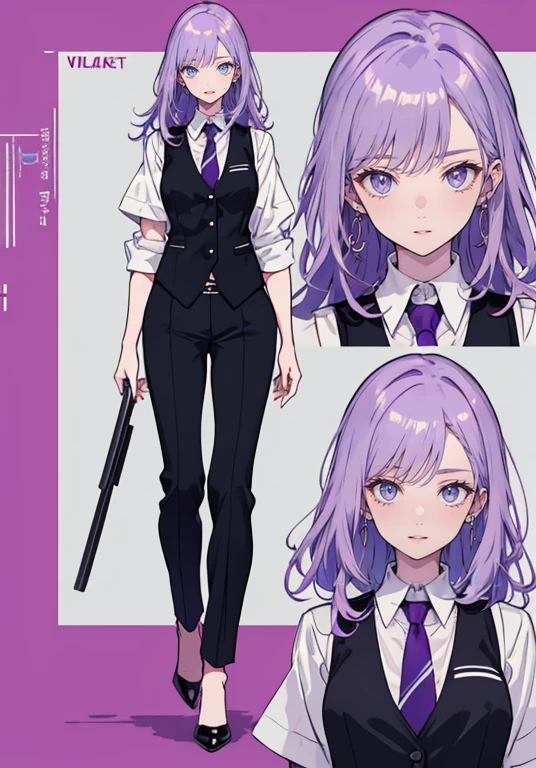((Perfect Face)),Purple Hair,voluminous long hair,Adult female,bartender,suit,Black vest,Shirt with rolled up sleeves,tie,slit,High heels,,((Simple Background)),smile,((whole body)),((whole body)),Portraiture,virtual,upright,,both arms are down,Standing upright with face and body facing forward,