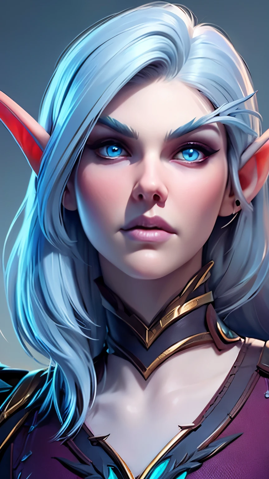 beautiful portait of night_elf female in her 20s with fit body , perfect face feature ,(pale blueish skin:1.5) (blunt bob hair), (silver hair color), (blue eyes color), thick kissable lips , thin nose ,pointy ears, (shenelf)