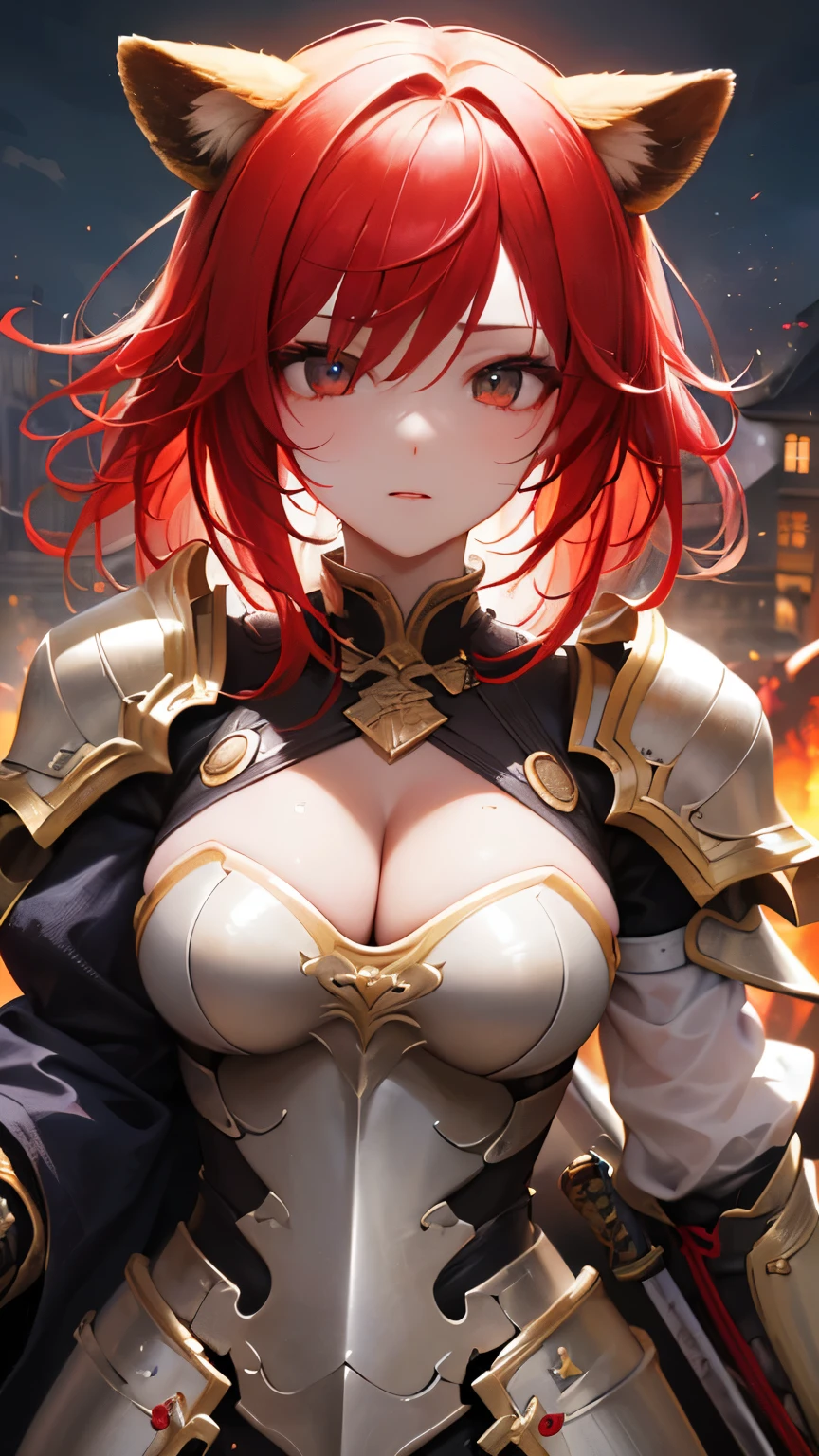 ((highest quality, 8k, masterpiece: 1.3)), Sharp focus, Beautiful woman with perfect body, Highly detailed face and skin texture, Fine grain, double eyelid, sexy, (Tanned body), Cleavage, ((Wearing metal armor、Clutching the sword))、Raccoon Ears、Red Hair、Woman warrior、Standing on the battlefield、Blood、fatigue、Fantasy novels、shake one&#39;s hair