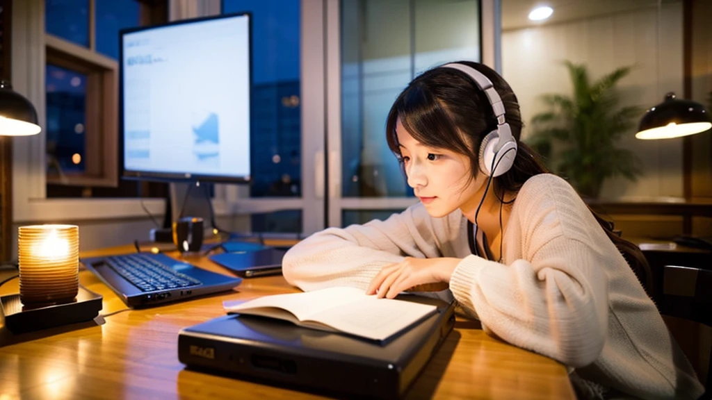 A cute Japanese girl studying or working at her desk、relax、night、Real、focusing、Gentle feeling、wearing headphones、Side view、LO-FI photos、窓の質はnightの街、2 a.m.、