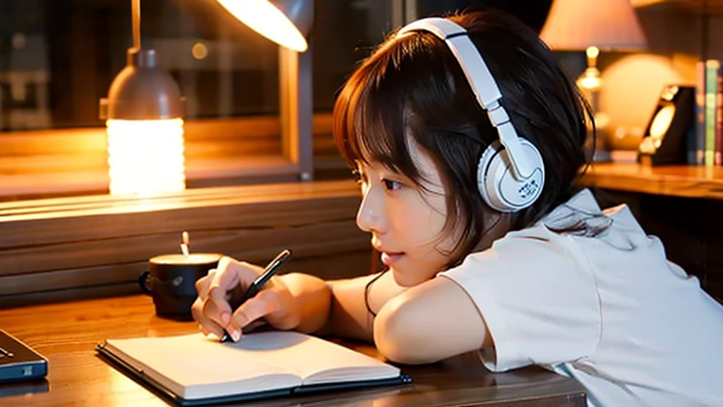 A cute Japanese girl studying or working at her desk、relax、night、Real、focusing、Gentle feeling、wearing headphones、Side view、LO-FI photos、窓の質はnightの街、2 a.m.、