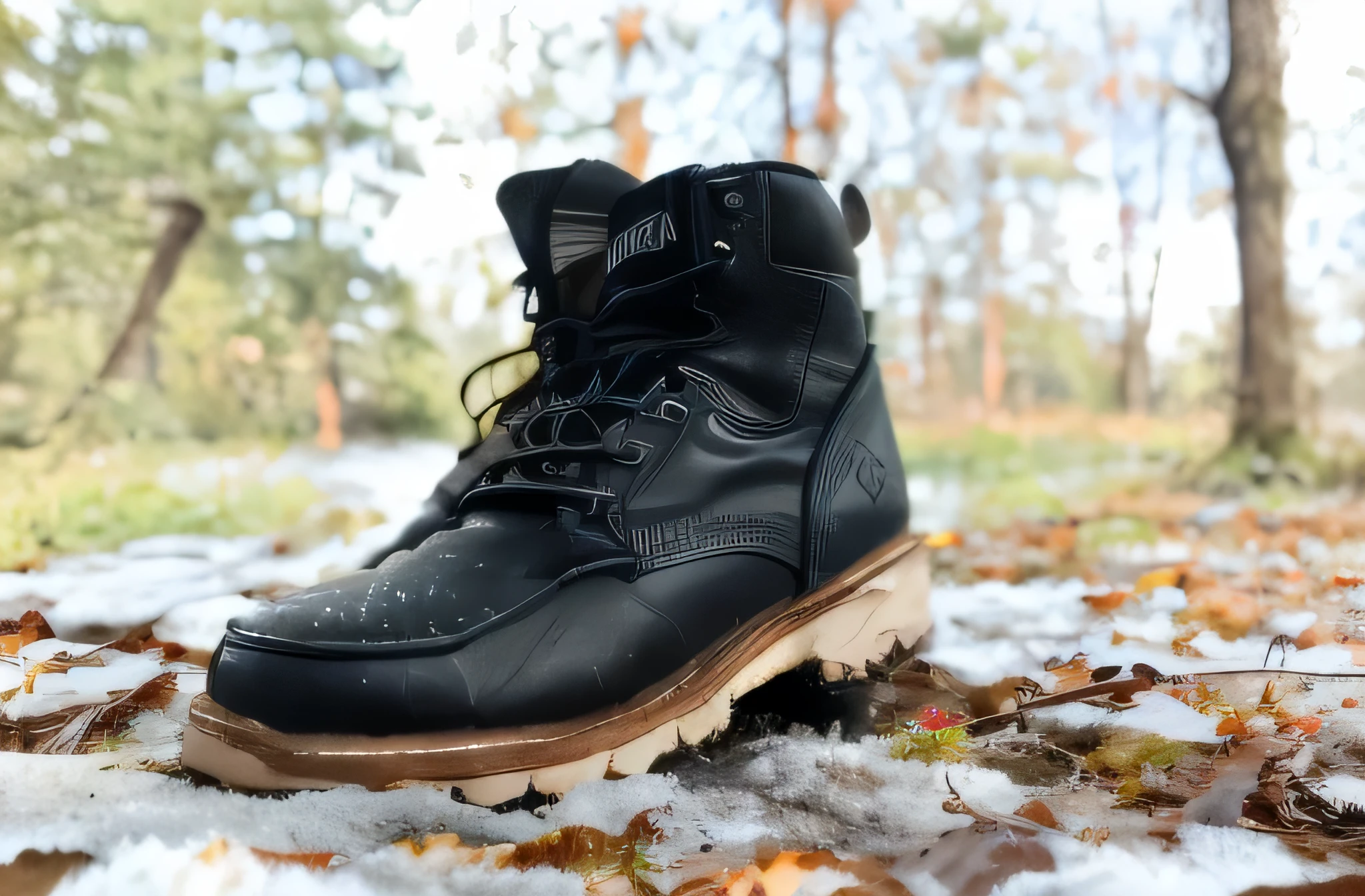 In the woods,There is water on the ground,Close-up of a pair of black boots on the ground, heavy-duty boots,Close-up rugged, 1080p, 1 0 8 0 p, heavy boots, black and brown, 5.6, wide leather boots, Detailed photos high quality, 8k --height 768
