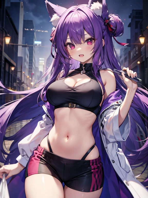 Fox Girl, Large Breasts, Voluminous purple hair, masterpiece , Red eyes, hd, Head to Chest, buried in my chest、Underboob、Double teeth、tooth、crop tops