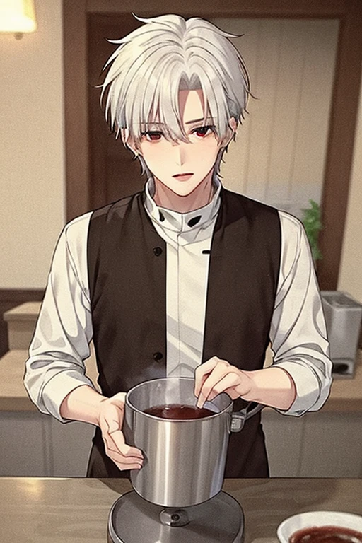 A young white haired handsome man with red eyes in a magic uniform is making a potion in a cauldron