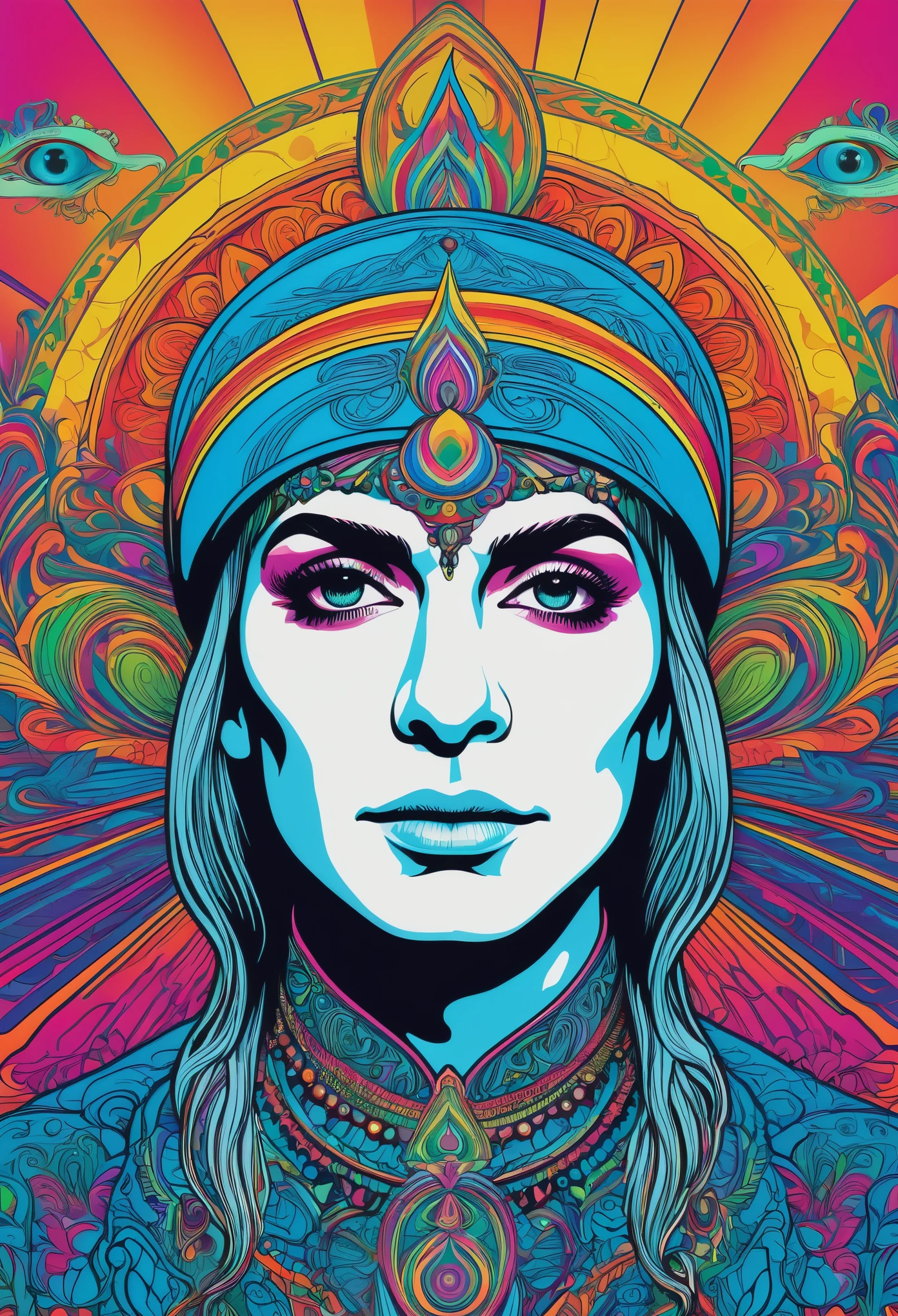 title text banner "KULA SHAKER" logo artwork, psychedelic line art, colorful, rainbow, vector design, outline, high resolution, vintage, one eye, om