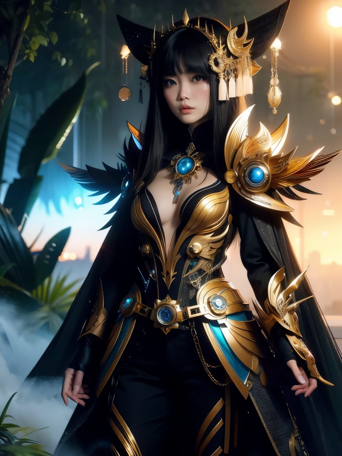 (High quality), (masterpiece), (detailed), 8K, Striking hyper-realistic depiction of a Japanese girl with black hair and eyes. She wears a unique blend of fantasy and futuristic clothing, showcasing a modern take on Indonesian culture.