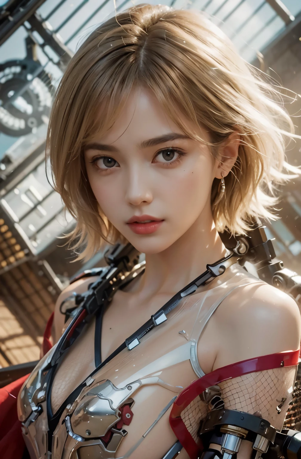 RAW quality, One girl, 14 years, Textured skin, Rear View, Rear view, Super detailed, Advanced Details, high quality, 最high quality, High resolution, 1080p, hard disk, beautiful,(Gundam),beautiful cyborg woman,largely,((Wearing Futuristic Transparent Reinforced Plastic Mechanical Parts。:1.4)), Bust top covered with transparent mechanism, Mechanically protected front crotch, Largely exposed bare skin, largely naked, Perfect proportions, Giant tit, (He carries a lot of weapons on his back.:1.4), (hero pose), full body shot, (Short-cut straight hair that looks beautiful in blue and white:1.4), collapsed building background, A city engulfed in flames, (The blue LED on the bust top glows strongly:1.4), Biologically correct,