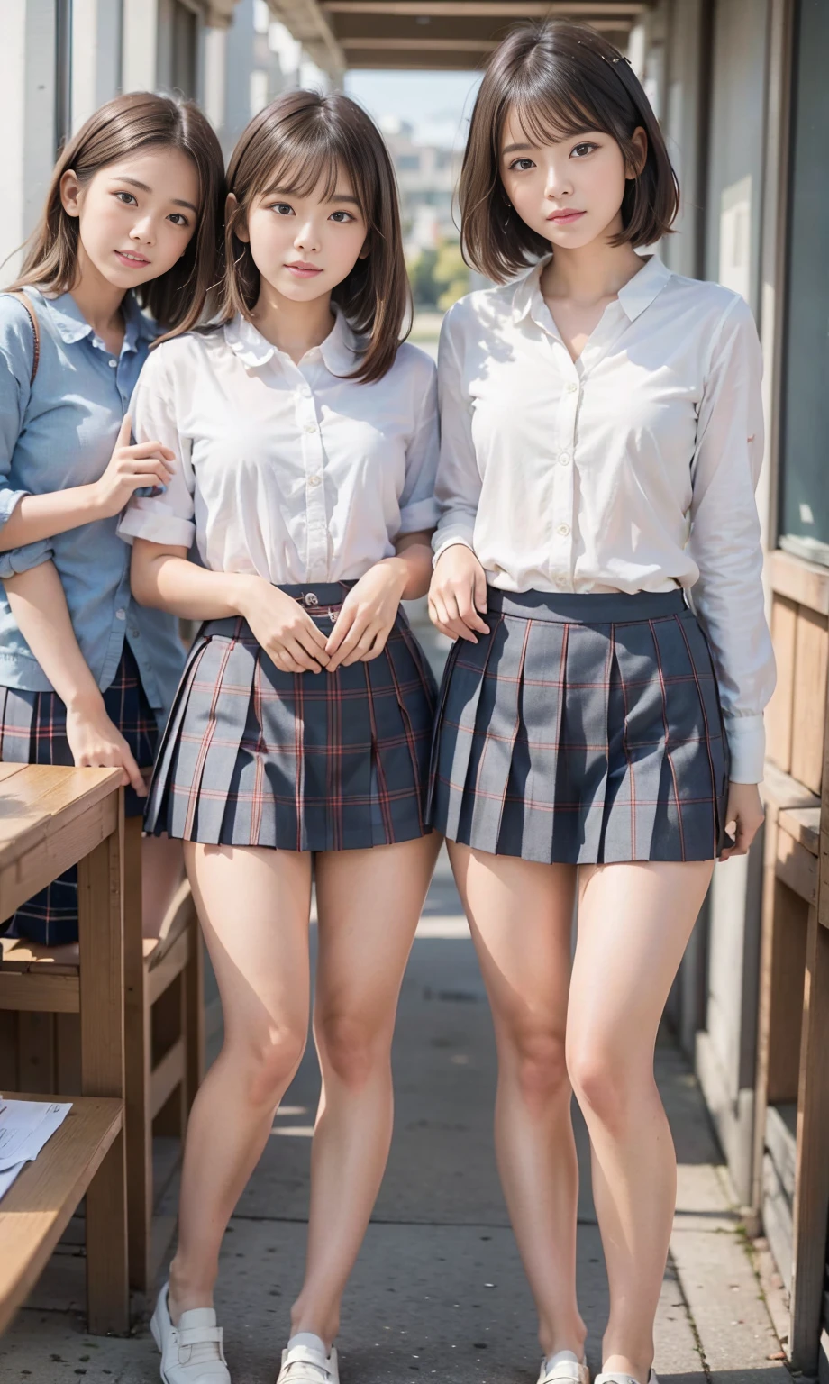 8k RAW photo, highest quality, masterpiece, Ultra-high resolution, Film Grain, movie, (3girls), (Three Girls), short hair、Medium Hair、Long Hair)、Are standing、Low - Angle, View your viewers, Natural skin texture, Realistic eye and face details, full 唇, Lip tick, Close your mouth, beautiful foot, slim_foot, Japanese 、White blouse、Checkered pleated skirt、Super short skirt, I can see the panties, loafers,  Japanese school, In the classroom