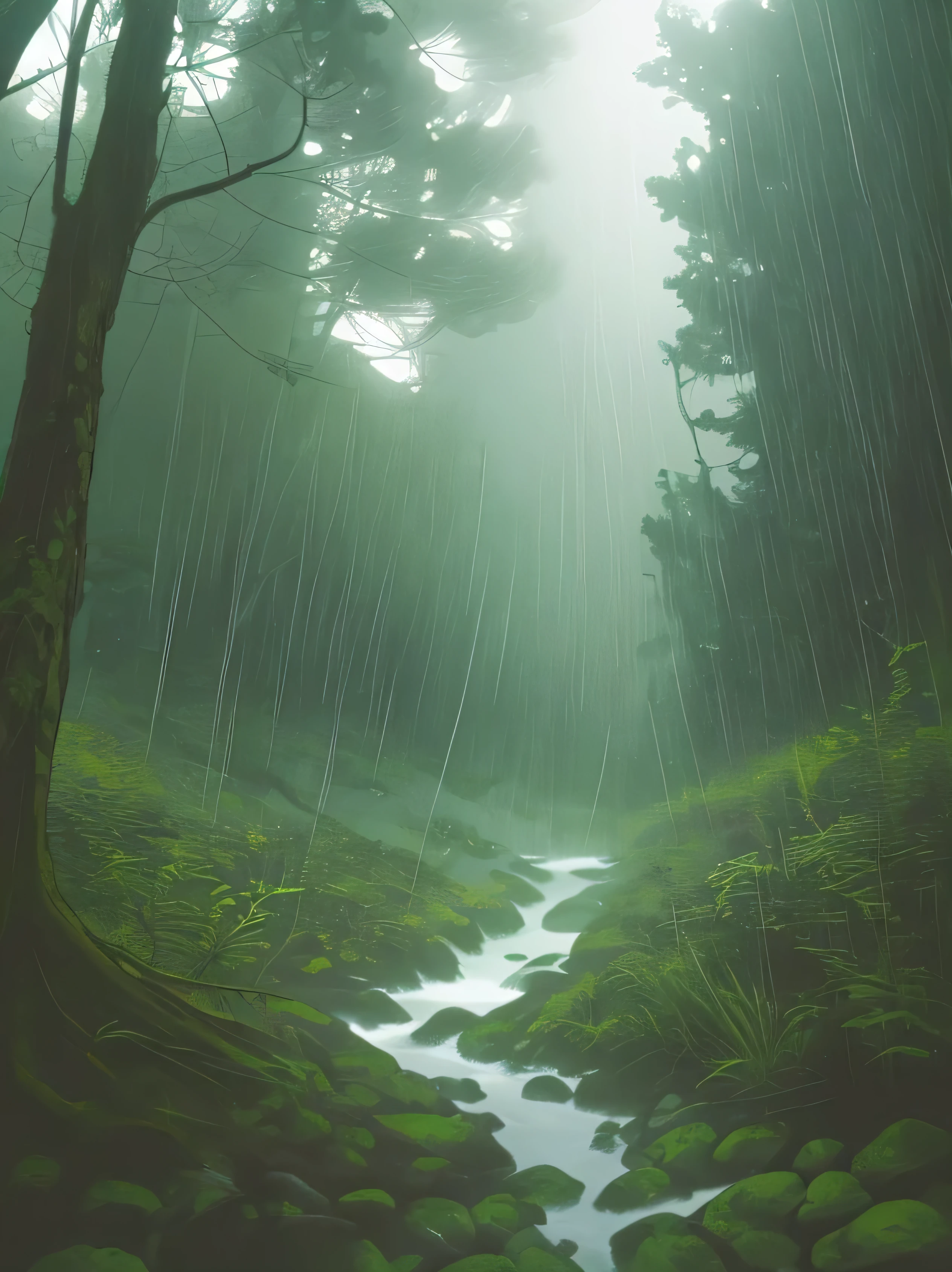 Raining in deep forest in mountain . No human . Beautiful scenary .