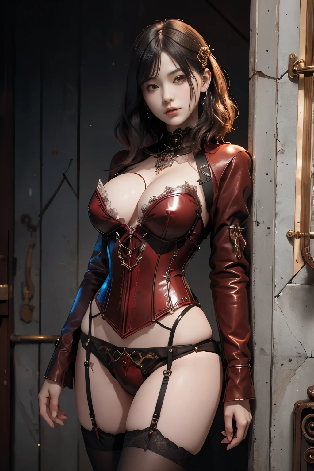 A Japanese girl 、short chestnut hair、 ((Ultra-Realistic Details)) 、 Portrait 、 Global Illumination 、 Shadow 、 Octane Rendering 、 8K 、 ultra sharp 、 Red leather corset and panties 、garter belt、 Fusion of cybernetics and gothic ta 、 Very intricate detail 、 Realistic Light 、 Trends in CG、Golden Eyes、Sparkling Eyes、facing the camera、Neon Details、Visible cleavage、A mechanical accessory worn on the neck、Standing pose、The background is a steampunk room、Beautiful long legs