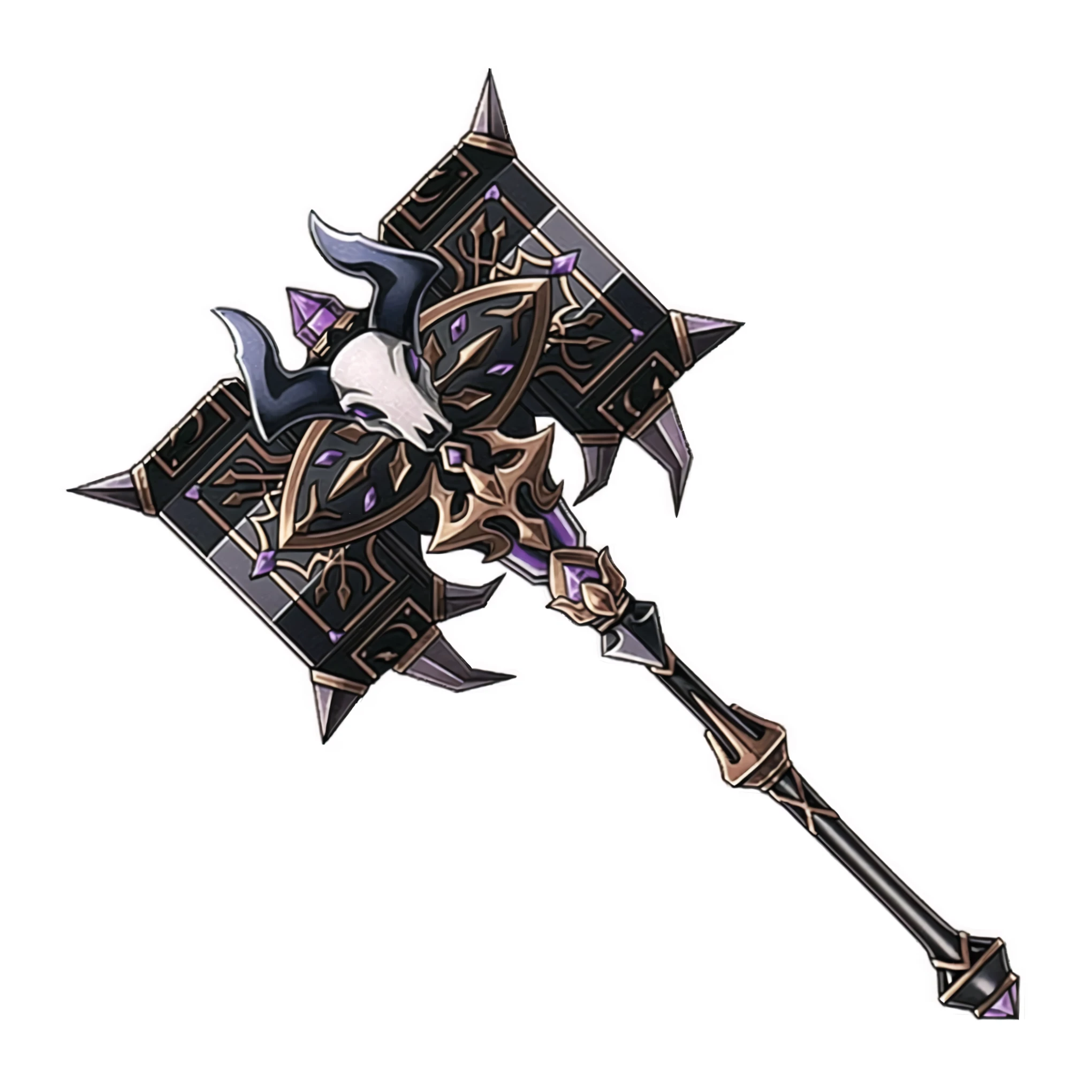 Arav weapon with skull and long blade on black background, hammer weapon, Leviathan Axe, Sword weapons, halberd, ax element, brandishing halberd, World of Warcraft Blizzard Weapon Art, Fantasy weapons, Severe jpg artifacts, The style of the Ghost Slayer Blade, RPG item rendering, bone scepter, sword, Tomahawk