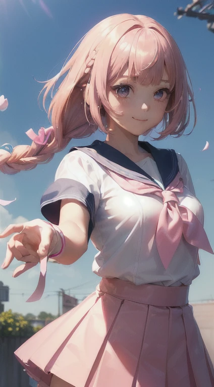 High resolution, Very detailed, (((((2D))), Japanese people々, 1 girl, 16-year-old high school girl, (((pink hair)), Intricate and beautiful braided hairstyles, pink , pink skirt, Designer Uniforms, Short sleeve, Sailor suit, (bob hair), Blunt bangs, Detailed drawn eyes, Golden ratio face, Eight life forms, sunlight, Complex rainbow-colored light particles, Complex light reflections, beautiful petal shower, background blue sky, Transparency, Hidden Beauty, smile, A deep depiction, Upper Body, Full of energy, Looking at the audience, Awesome portrayal, Complex Appeal, Kindness that comes from within, neon, Beautiful fine petals and dancing, Less exposed skin, dynamism, carefully drawn fingers, Many flowers are depicted, Soft Skin, heart ribbon, Beautiful Hands, Colorful flowers