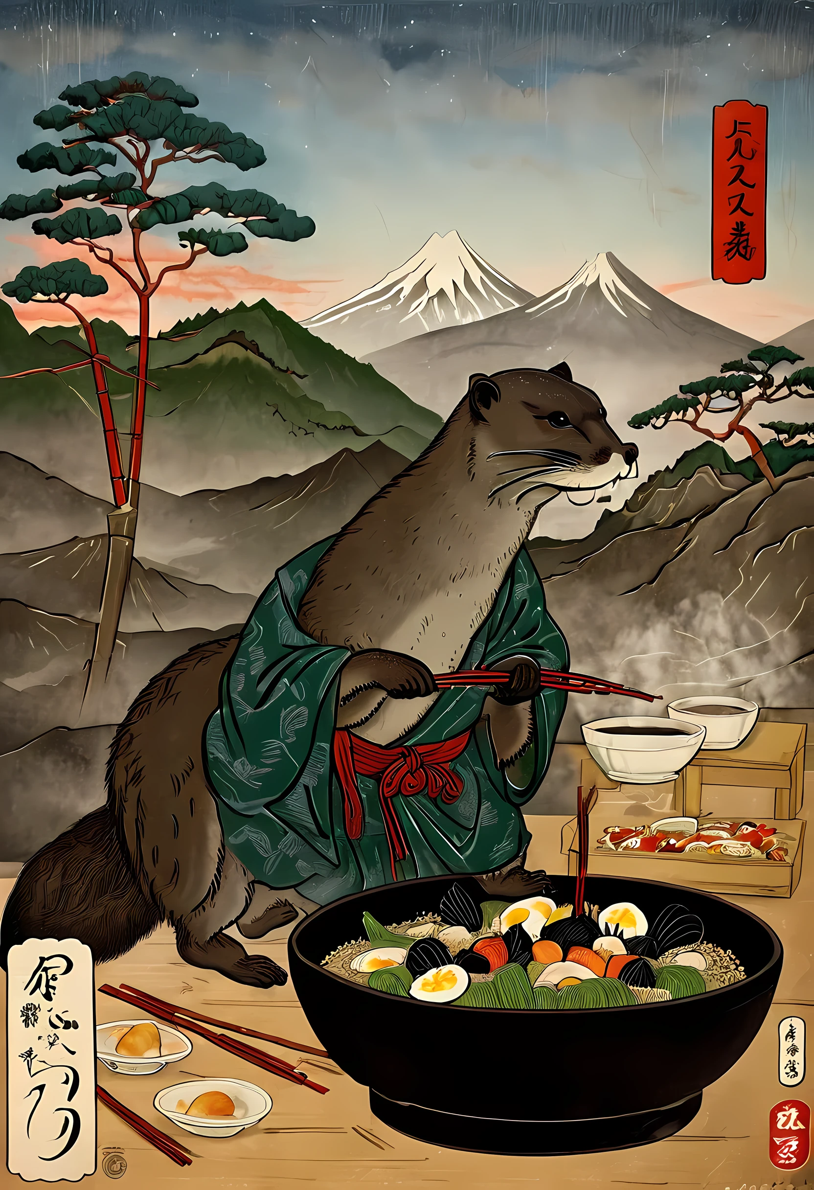 A photorealistic image in the style of a water-ink painting that captures the essence of Japanese Ukiyo-e art. The subject is an anthropomorphic otter dressed as a rice farmer eating a bowl of ramen with lots of colorful toppings using chopsticks in a public restaurant with random peasants, against a backdrop of clouds or perhaps Mount Fuji. The paper should have an aged, vintage look to give a sense of historical depth. The color palette should be subdued, with low saturation to mimic the traditional Ukiyo-e style. The lines should be fluid and elegant. The atmosphere should be serene. 