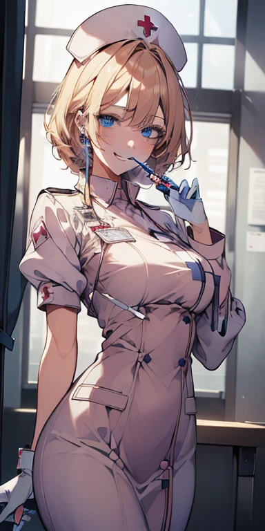 ((Best quality, 8k, Masterpiece: 1.3)), Highly detailed face and skin texture, Detailed eyes, textured skin, highres, nurse, hospital, nurse cap, smile, blue eyes, blonde, (syringe), (crazy, yandere), cowboy shot