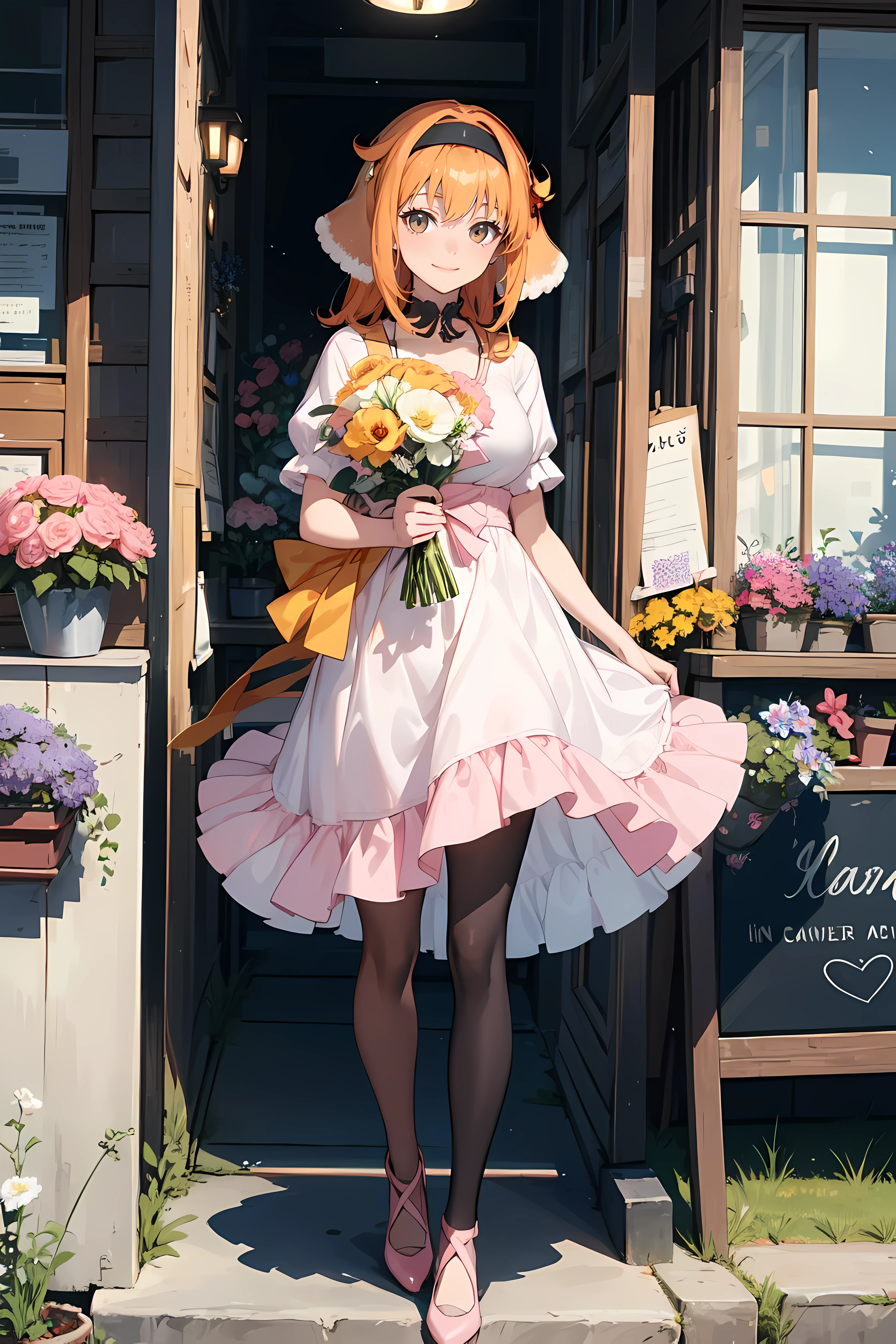 ((woman dressed holding flowers and flowers near a store window)),1girl, flower, solo, (dog ears), [[orange hair]], pantyhose, bouquet, looking at viewer, black hairband, yellow eyes, dress, hair flower, holding bouquet, standing, short sleeves, white footwear,(dress color:white,pink:1.4), yellow flower, selling flowers, scenery,night time,wall lamp,smile, pink flowers,blue flowers, cowboy shot,large breasts,small ribbon on flower as tie,((scenery)),(((scenery))),windy,(windy:1.3),(scenery),((scenery)),(((scenery))),