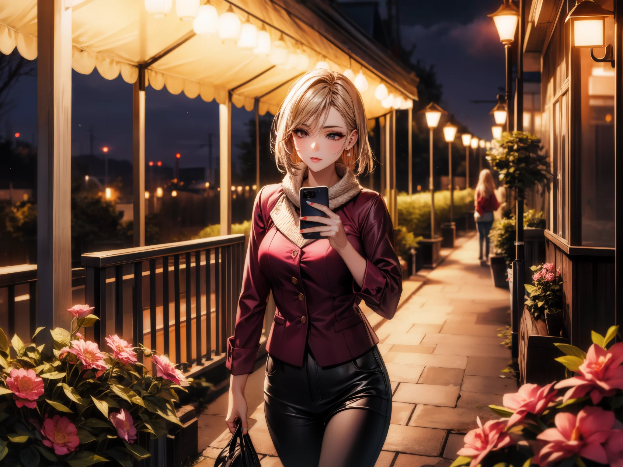 Beautiful woman, Street lights at night, Playing with smartphone, Hot Pants, Fragrant pink flowers, passers-by, night scene gradient, Fine details, Subtle tones, There is a sense of tranquility in the picture.  