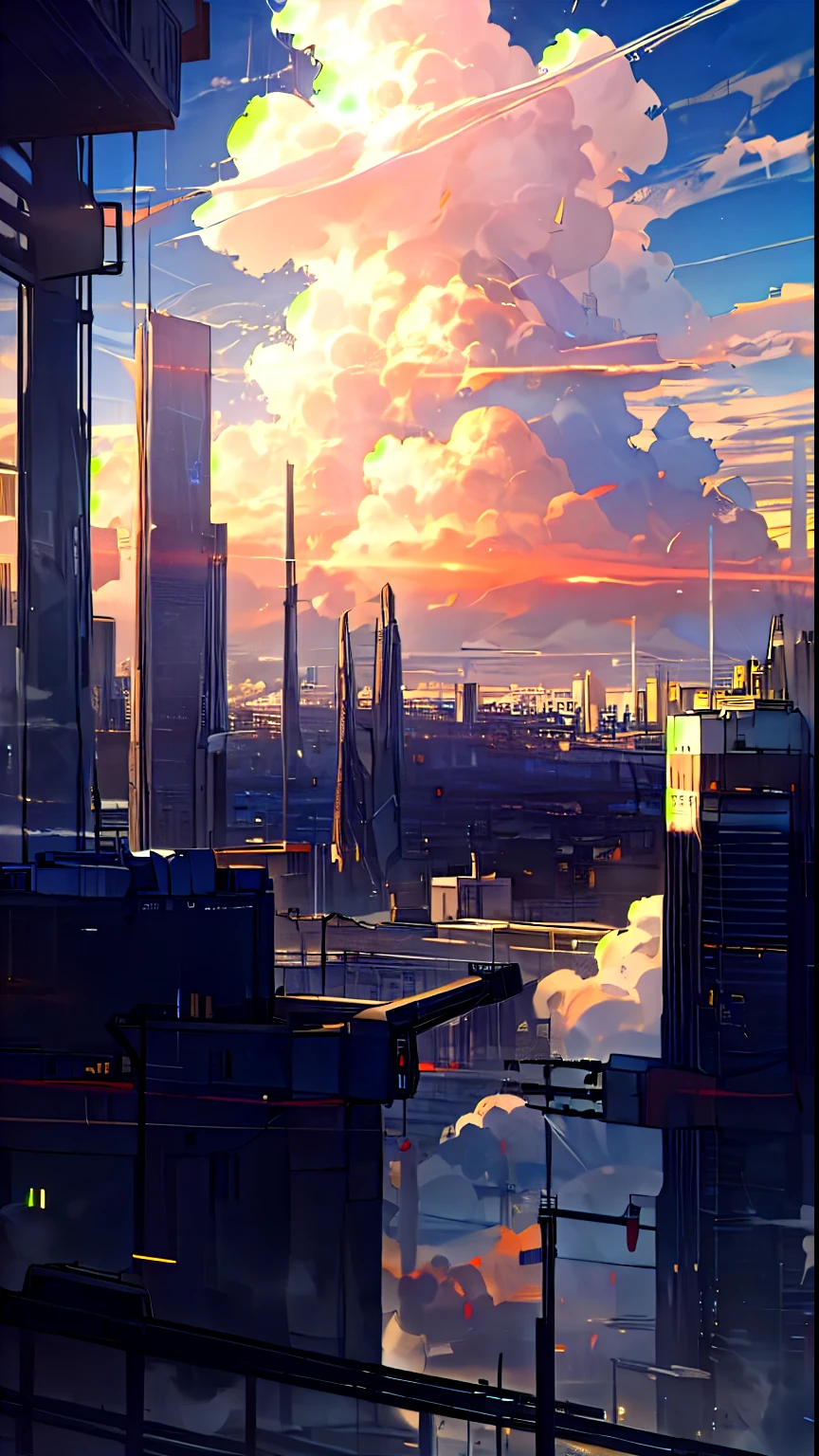 sky, cloud, holding_weapon, no_humans, glowing, , robot, building, glowing_eyes, mecha, science_fiction, city, realistic,mecha