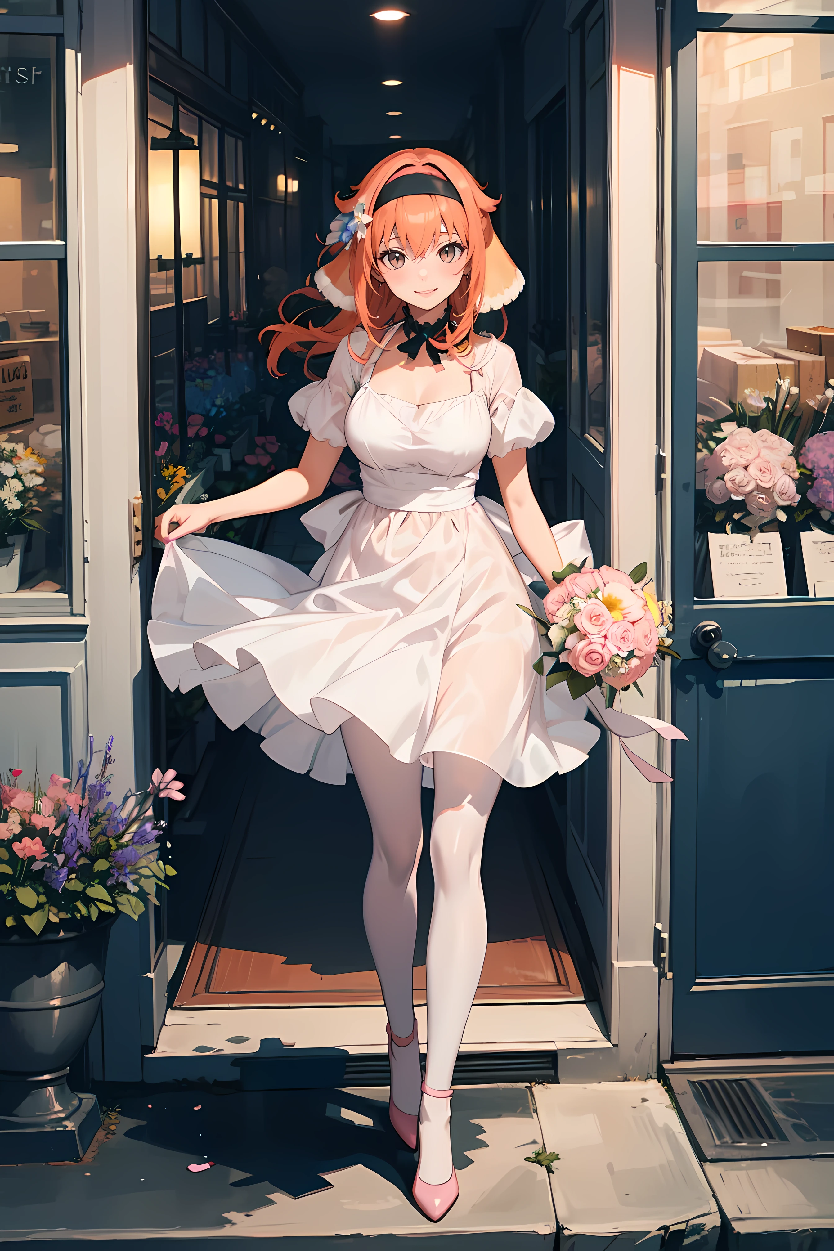 ((woman dressed holding flowers and flowers near a store window)),1girl, flower, solo, (dog ears), [[orange hair]], pantyhose, bouquet, looking at viewer, black hairband, yellow eyes, dress, hair flower, holding bouquet, standing, short sleeves, white footwear,(dress color:white,pink:1.4), yellow flower, selling flowers, scenery,night time,wall lamp,smile, pink flowers,blue flowers, cowboy shot,large breasts,small ribbon on flower as tie,((scenery)),(((scenery))),windy,(windy:1.3),(scenery),((scenery)),(((scenery))),