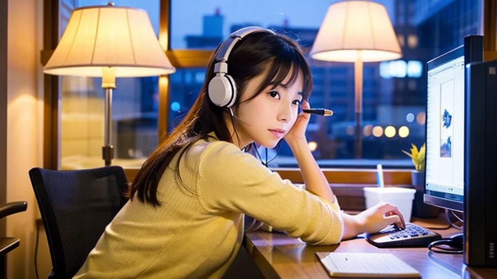 A cute Japanese girl studying or working at her desk、relax、night、Real、focusing、Gentle feeling、wearing headphones、Side view、LO-FI photos、窓の質はnightの街、2 a.m.、Straightening of the back
