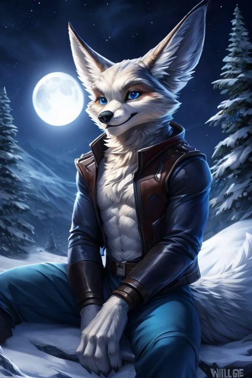 uploaded on e621, ((by Wildering, by Foxovh, by Disney)), , solo ((Vulpera)) with (((white fur))) with ((neck tuft)) and (fluffy tail) and ((blue eyes)), ((half-length portrait)), ((wearing blue open jacket with blue trousers)), BREAK, (detailed white arctic Vupera), (detailed lighting), ((detailed fluffy fur)), BREAK, ((sitting at mountaintop at night with stars and moon)), (snow), (cinematic lighting), ((detailed background)), ((depth of field)), (half body shadow), (((looking at viewer))), (high-angle view), ((three-quarter view)), [backlighting], [detailed ambient light], [gray natural lighting], [ambient light on the belly], [realistic proportions], [explicit content, adult, nsfw], [sharp focus], (questionable content), (shaded), (hi res), ((masterpiece))