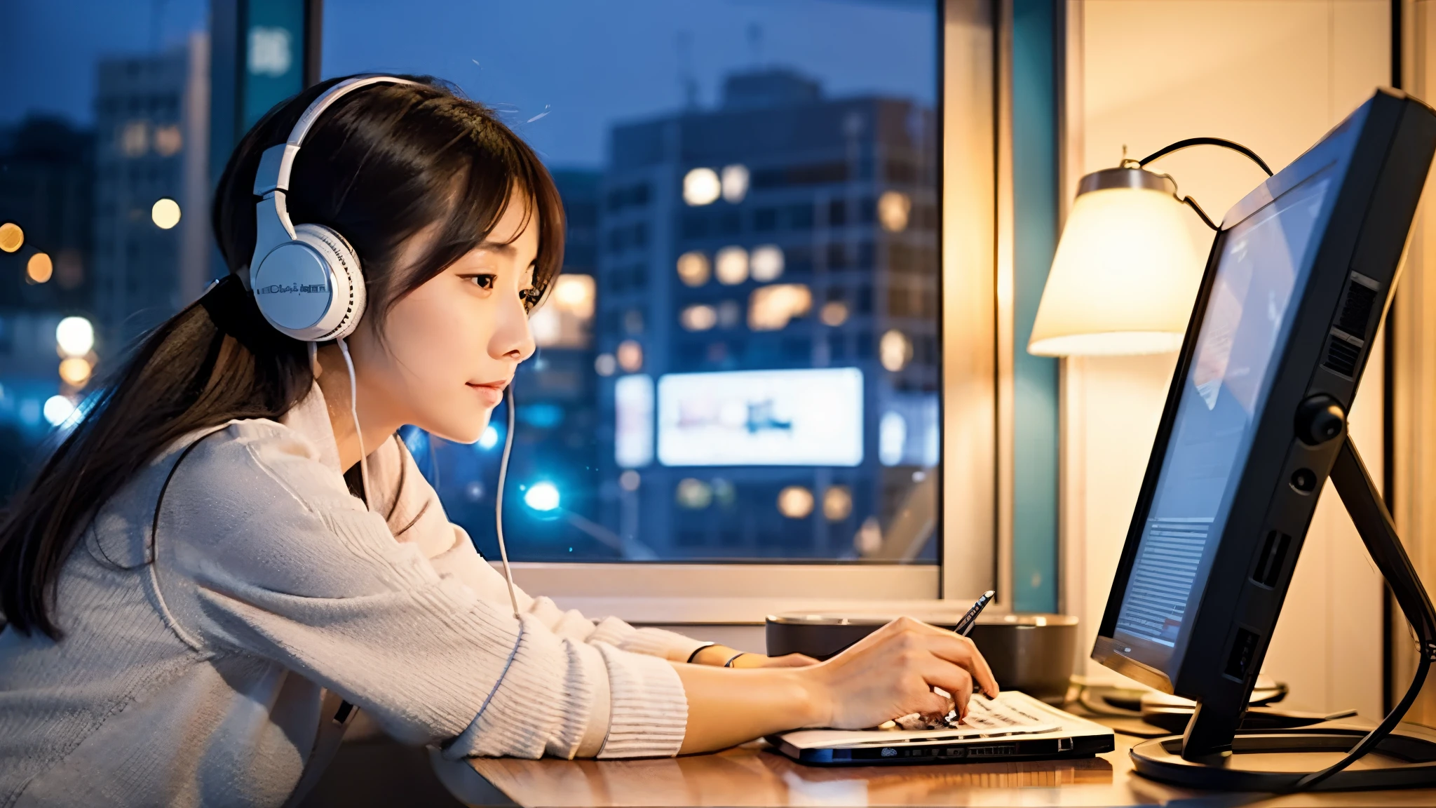 A girl listening to music on headphones while studying in her room at night relaxing Outside the room you can see the starry sky. Japanese anime style