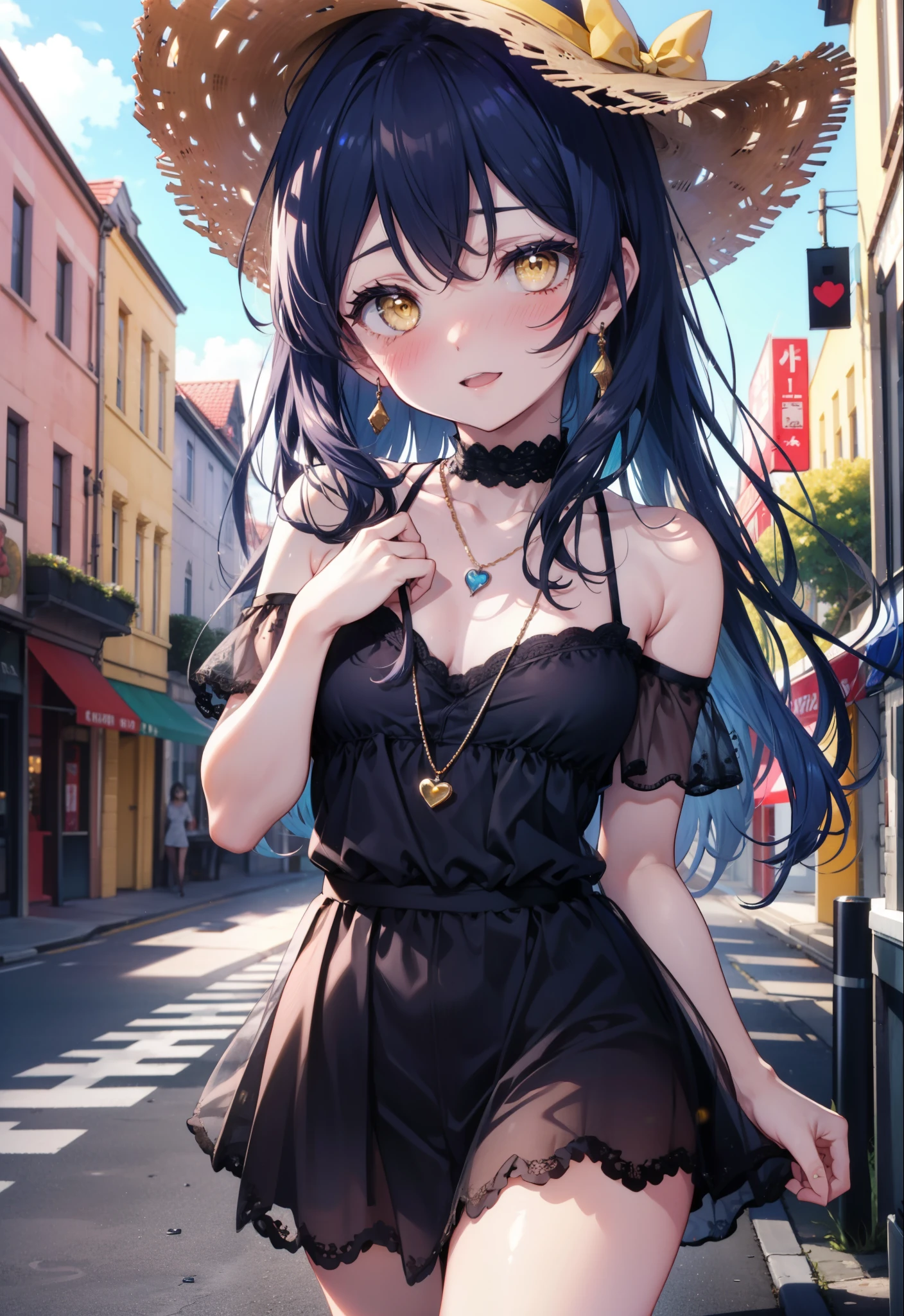 you are so kind, umi sonoda, Long Hair, Blue Hair, (Yellow Eyes:1.5) (Flat Chest:1.2),smile,blush,Open your mouth,Straw hat,Blue long skirt one-piece dress,Cute Sandals,Bare shoulders,Bare arms,bare clavicle,Bare neck,Heart Necklace,Clear skies,Daytime,Light of the sun,City Street,whole bodyがイラストに入るように,
break looking at viewer,whole body, (Cowboy Shot:1. 5)
break outdoors, In town,Building district,
break (masterpiece:1.2), highest quality, High resolution, unity 8k wallpaper, (figure:0.8), (Beautiful fine details:1.6), Highly detailed face, Perfect lighting, Highly detailed CG, (Perfect hands, Perfect Anatomy),