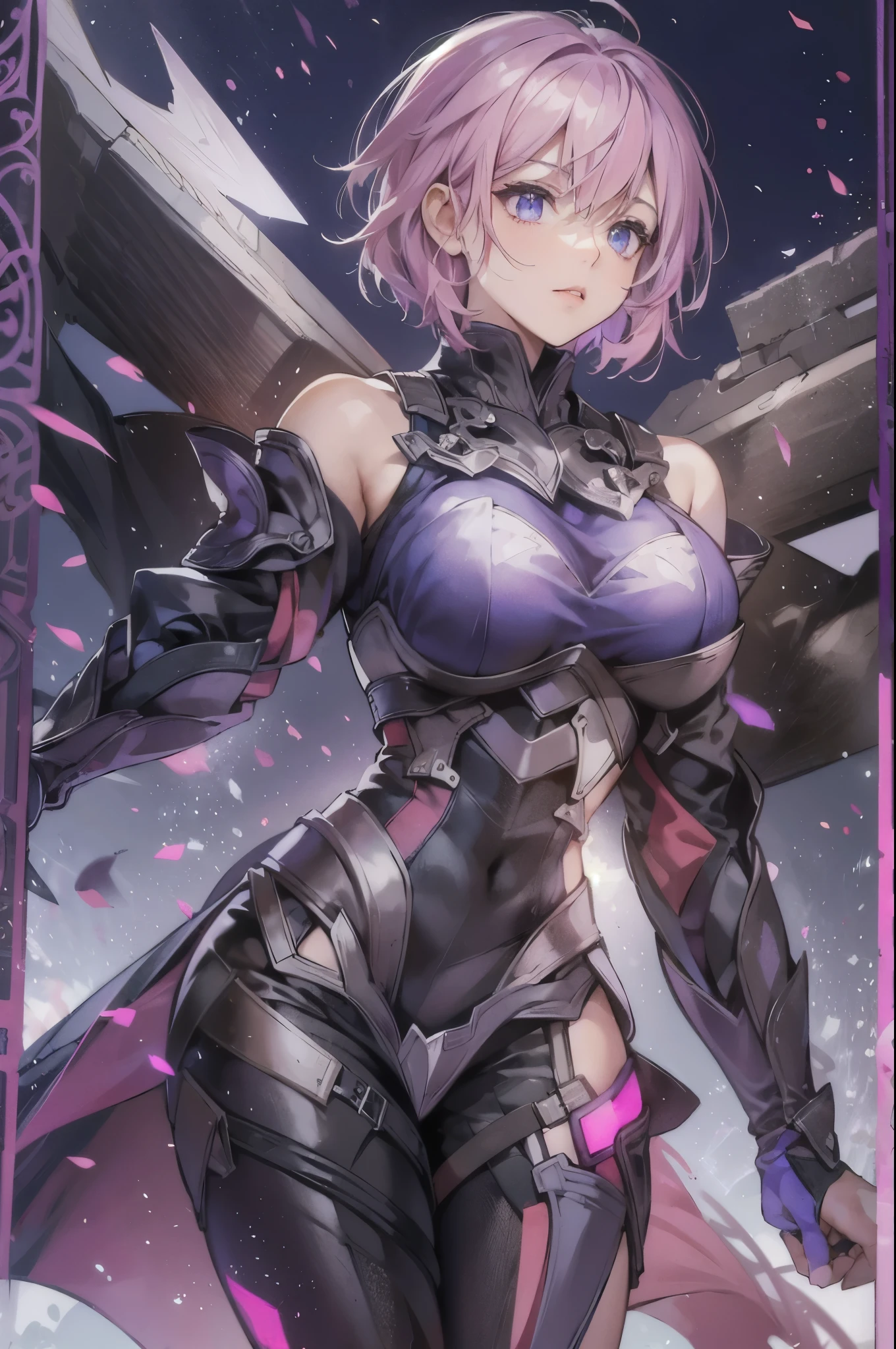 Mash Kyrielight fate grand order, blakc power suit and sleeve, gauntlet, bare shoulder, bare legs, holding cross design giant shield, perfect body shape, soldier aura, serious effect, pink short hair, dark purple pupil, masterpieces, fantasy world, hyper resolution, 16k wallpaper quality, ultra lighting

