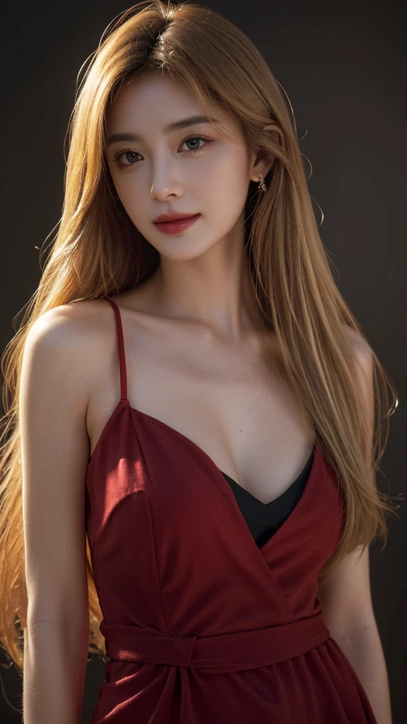 swell, Detailed eyes, Detailed skin, beautiful skin, ultra high resolution, (Reality: 1.4), very beautiful, slightly younger face, beautiful skin, slim, (Surreal), (illustration), (high resolution), (8k), (Highly detailed), (best illustration), (beautifully Detailed eyes), (Super Detailed), (wallpaper), (Detailed face), Looking at the audience, Fine details, Detailed face, Purebred face_V1, Smile, Look straight ahead, Look straight ahead, From the waist up, Realistic photos, bright lights, Professional lighting, Blonde, Long hair, Dark Abandoned, big red moon, Gorgeous red and black dress, Mature woman,Kissshot Acerola Orion Heart Underblade