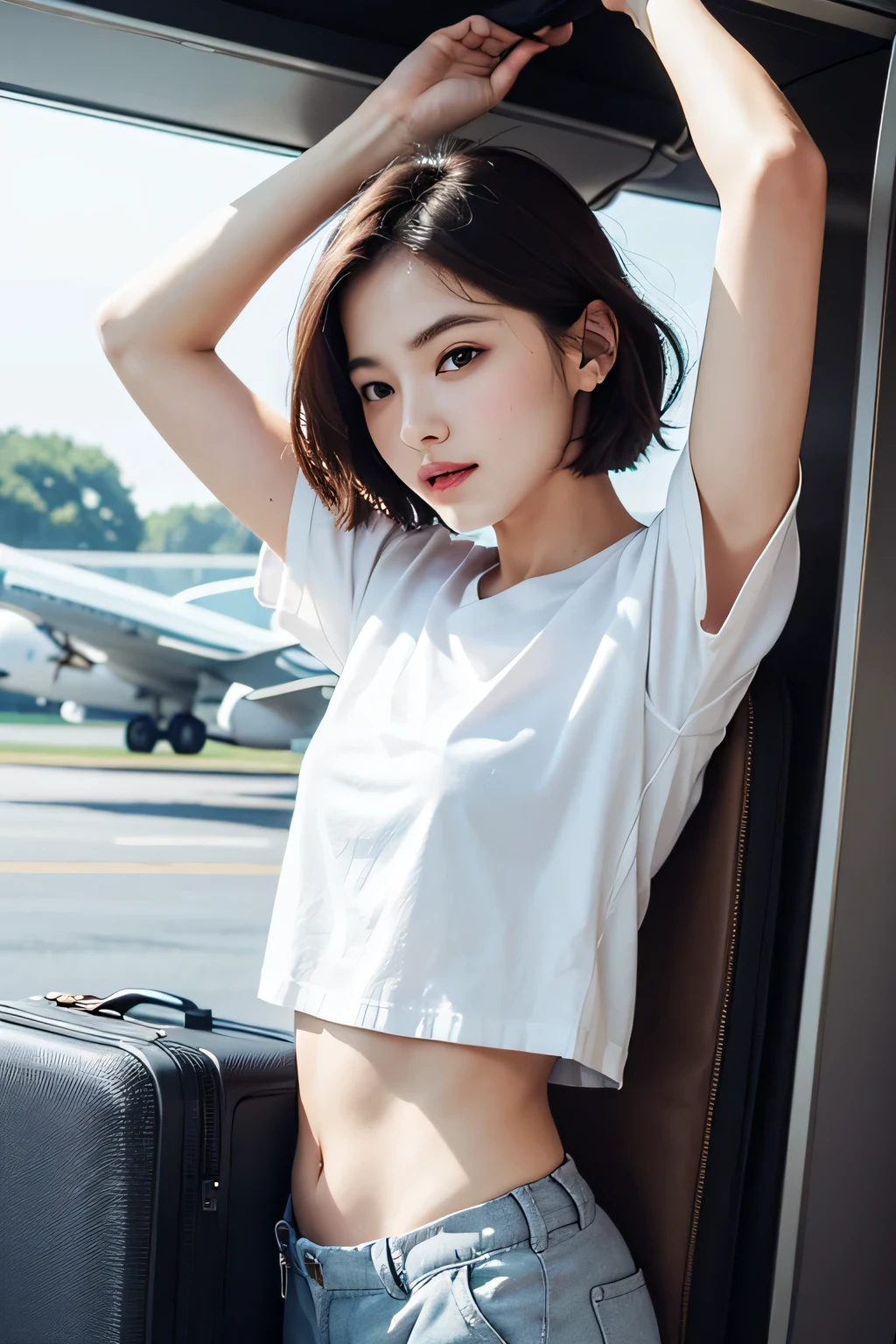 ((best quality)), ((masterpiece)), (detailed), perfect face, Airplane cabin, open shelf, shirt, navel, side view, Hurrah Pose, baggy clothes, take out luggage, arms raised, side view, closely, short hair, , korean, beautyful girl, 8k, realistic depiction, Cotton pants, baggy top