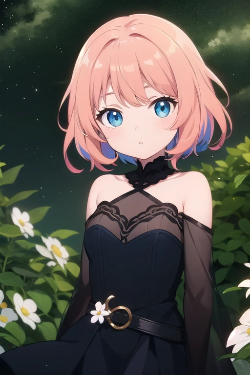 woman with reddish hair and blue eyes standing in a field of colorful flowers, anime girl wearing a dark blue dress, 