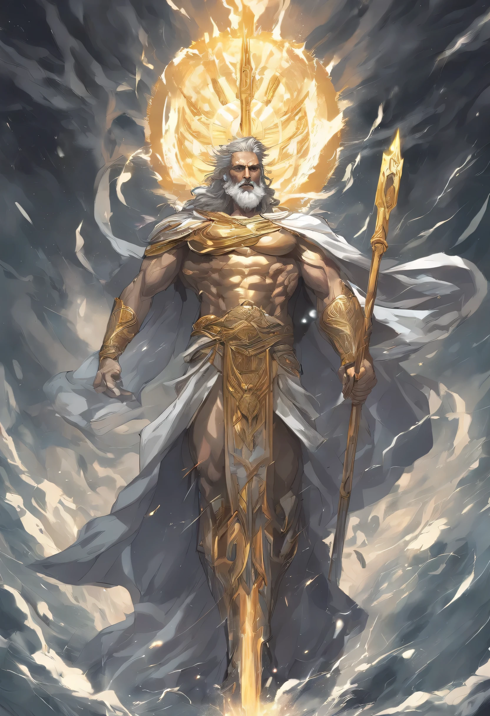 best quality,ultra-detailed,realistic:1.37,portrait,gray-haired, mature-faced Zeus,[strong, prominent, muscular build],[wise, powerful, commanding presence],[deep, piercing eyes],[majestic, flowing beard],[prominent, defined cheekbones],[imposing, regal expression],[godlike aura],stormy weather,thunderbolt,cloudy sky,ancient Greek mythology,divine ruler of gods and men,dominance over the heavens,[golden crown, gleaming with authority],[robes, flowing in the wind],[thunderous voice, echoing through the skies],mountain peak,olive wreath,temple of marble,electricity,strength,all-knowing and all-seeing deity,contrasting shadows,dark linework,subtle color palette,mythical creature,lightning bolt,destructive power,nature's fury,celestial beings,immortality,wisdom,and justice,gazing down upon the mortal realm,instilling fear and awe,Father of gods,bright, vibrant sky,holding a scepter,exuding raw power and dominance,omnipotent ruler of Olympus,strong resemblance to a wise and powerful king,divine light illuminating his presence,thundering voice,booming like thunder,overwhelming aura of power and wisdom