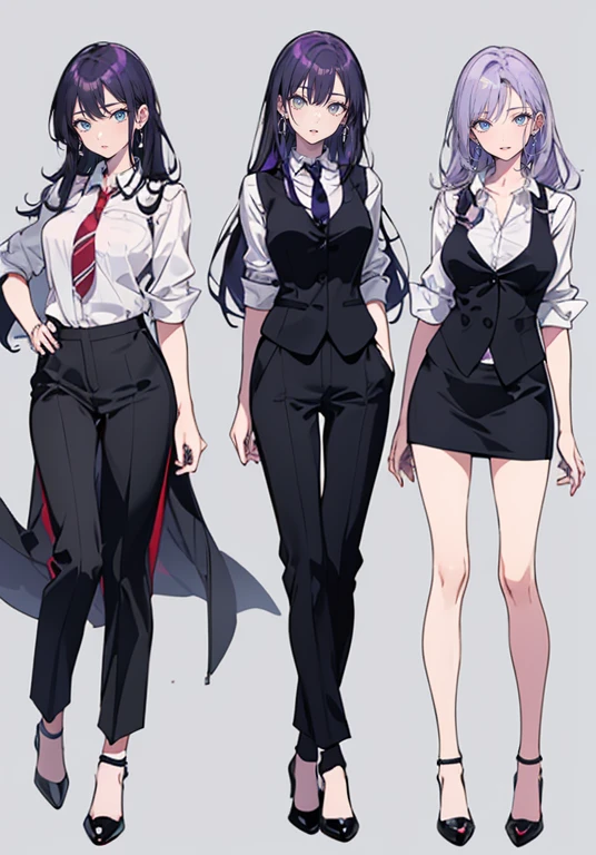 ((Perfect Face)),Purple Hair,voluminous long hair,Adult female,bartender,suit,Black vest,Shirt with rolled up sleeves,tie,slit,High heels,,((Simple Background)),smile,((whole body)),((whole body)),Portraiture,virtual,upright,,both arms are down,Standing upright with face and body facing forward,