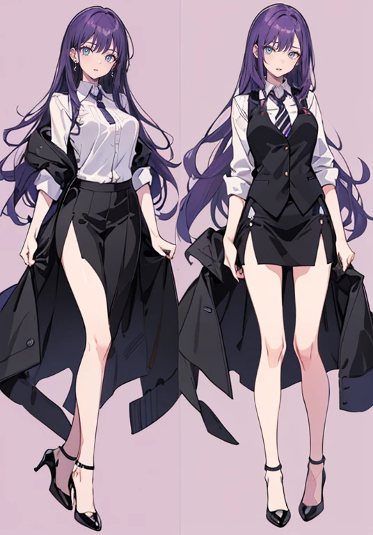 ((Perfect Face)),Purple Hair,voluminous long hair,Adult female,bartender,suit,Black vest,Shirt with rolled up sleeves,tie,slit,High heels,,((Simple Background)),smile,((whole body)),((whole body)),Portraiture,virtual,upright,,both arms are down,Standing upright with face and body facing forward,