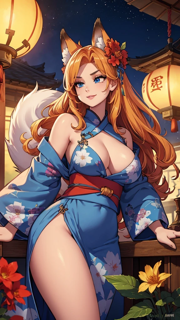 A portrait of a radiant adult woman with a warm smile directed at the viewer, she have nine "vulpine tails", Her long blonde hair is straight(frensh braid)(hair red flower)((hime cut)),"Her hairs are hidding her ears", Her eyebrows are small and refined, captivating purplish-blue eyes with bold red eyeshadow applied generously at the bottom of her eyes, Her facial features are delicate and finely shaped with a small refined nose and full lips, large and tall fluffy fox ears in vibrant orange with black tips, no clevage, Woman body set big breasts((accentuated large hips)), perfect body, She wears a wide traditional blue yukata adorned with intricate floral patterns(blue yukata),the background features a vibrant Chinese New Year celebration, lanterns, fireworks, traditional decorations, beautiful scenery,(Masterpiece, best quality, ultra-detailed),8k ultra-detailed features