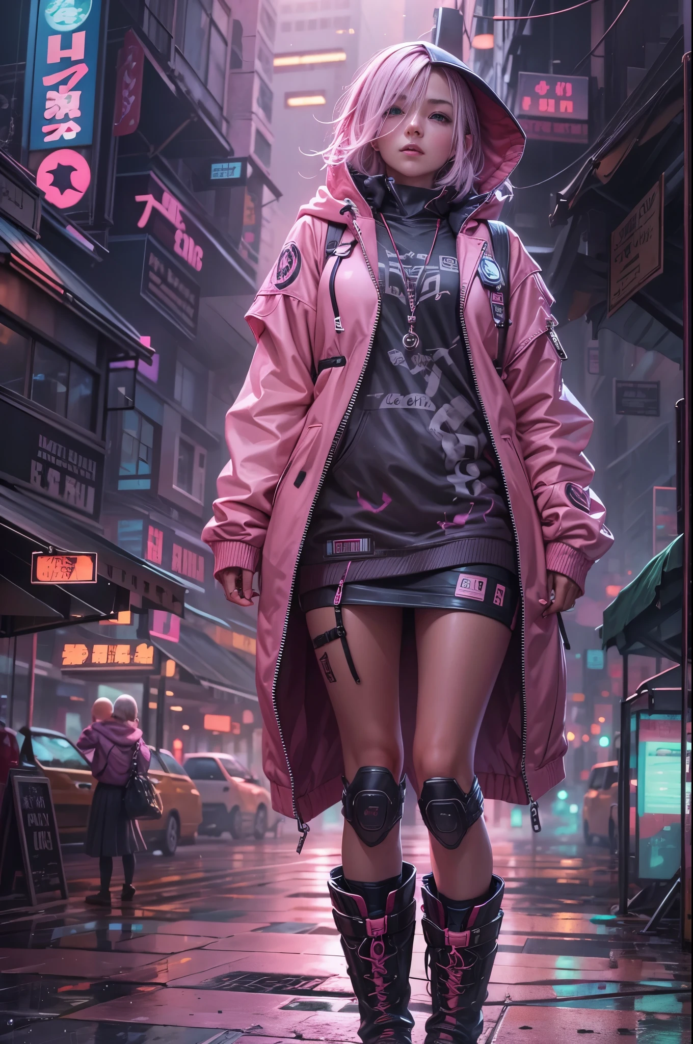 1 girl，pink jacket，dark clouds，rain，Laughter，hoodie，miniskirt，Martin shoes，Open jacket，Backpack without hair，8k resolution，Very detailed content，anatomically correct，Clear images，number，Concept Art，Popular trends on pixiv，masterpiece, best quality, In cyberpunk cities，