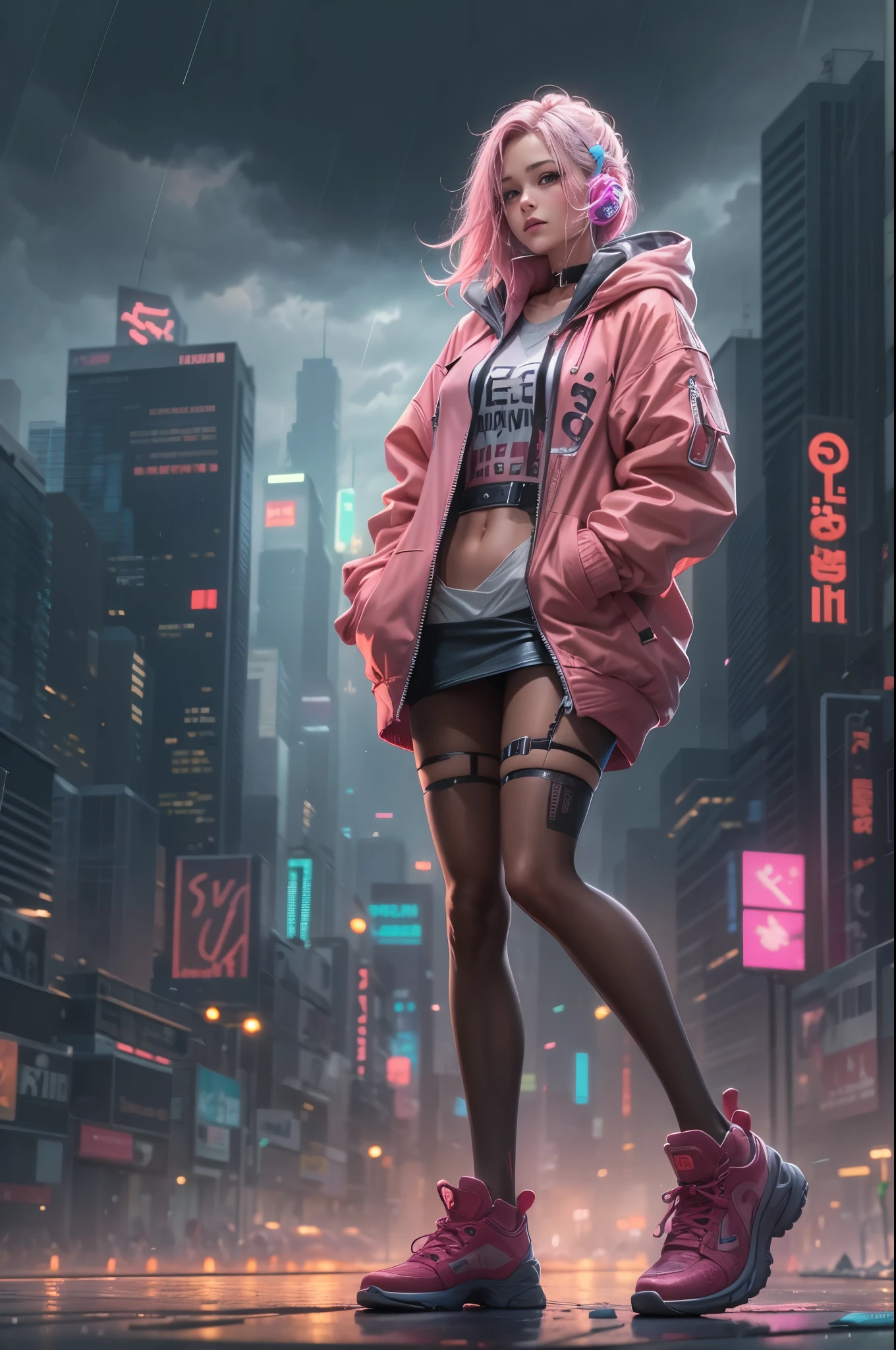 1 girl,pink jacket,dark clouds,rain,Laughter,hoodie,miniskirt,Martin shoes,Open jacket,Backpack without hair,8k resolution,Very detailed content,anatomically correct,Clear images,number,Concept Art,Popular trends on pixiv,masterpiece, best quality, In cyberpunk cities,