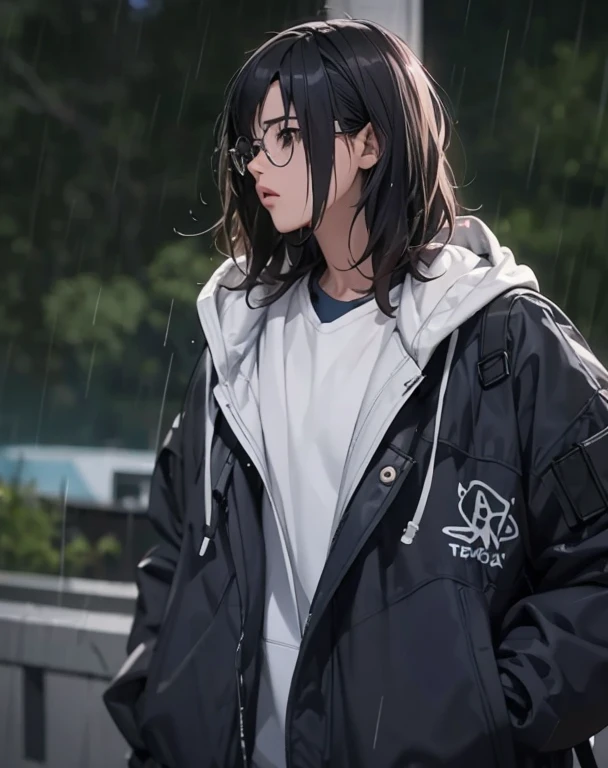 1 girl, Jacket, Glasses, rain, Outdoor, hoodie, open Jacket, rock, Backpack, Looking at something else, Messy Hair, ArtStation Trends, 8k resolution, Very detailed, Anatomically correct, Clear images, Digital Painting, Concept Art, that&#39;Trending on pixiv, makoto shinkai&#39;style,